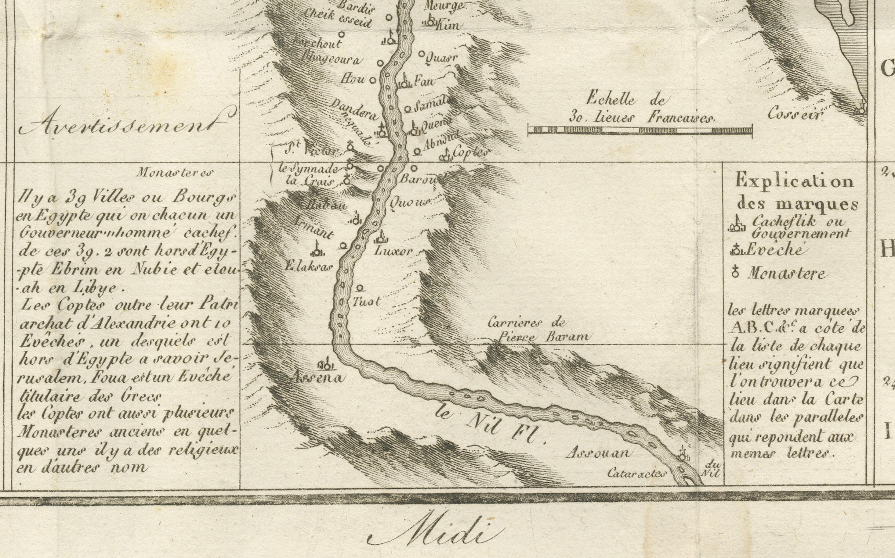 Carta geografica antica dell'Egitto e della Valle del Nilo con indice delle città, 1715 In condizioni buone in vendita a Langweer, NL
