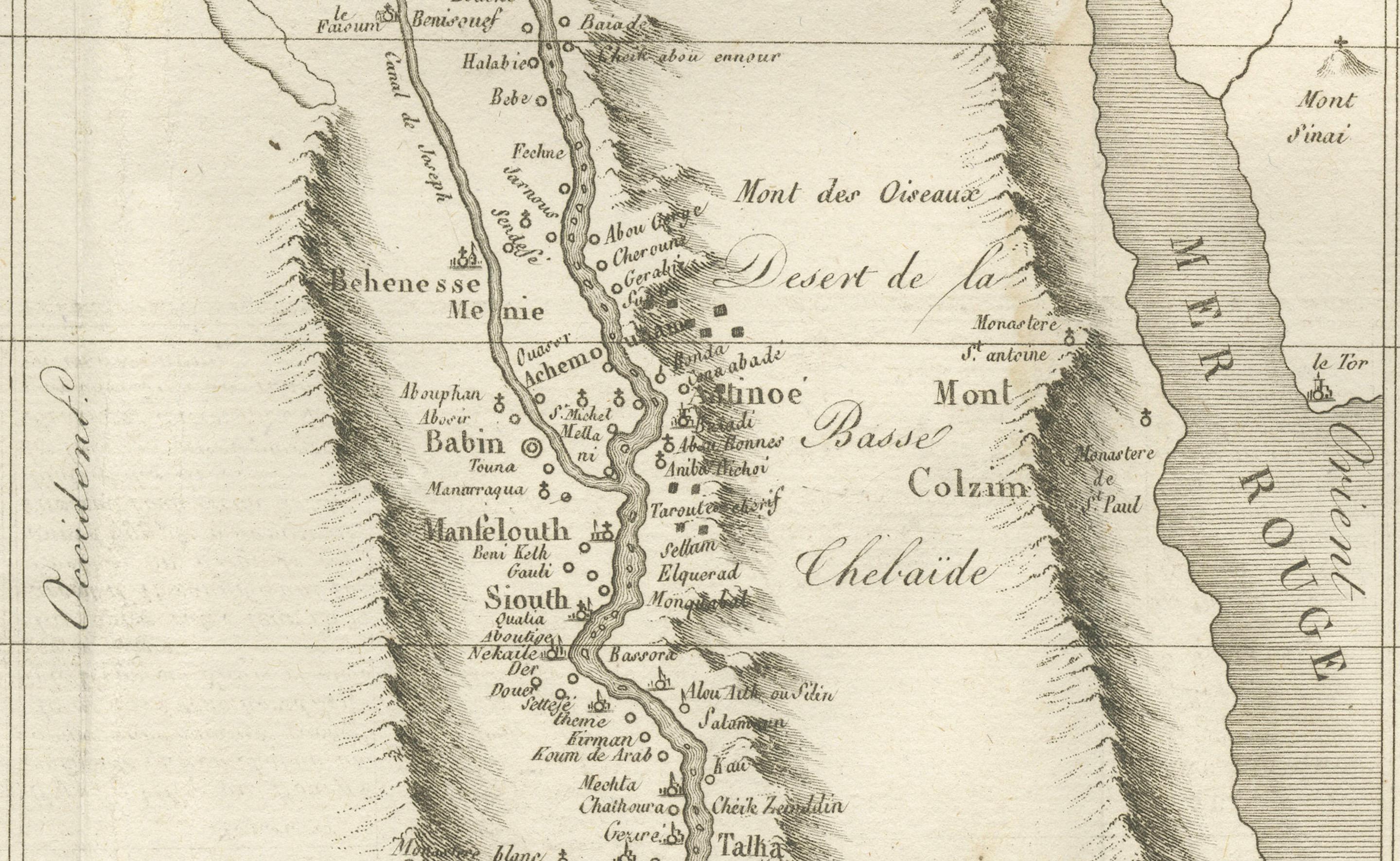 XVIII secolo Carta geografica antica dell'Egitto e della Valle del Nilo con indice delle città, 1715 in vendita