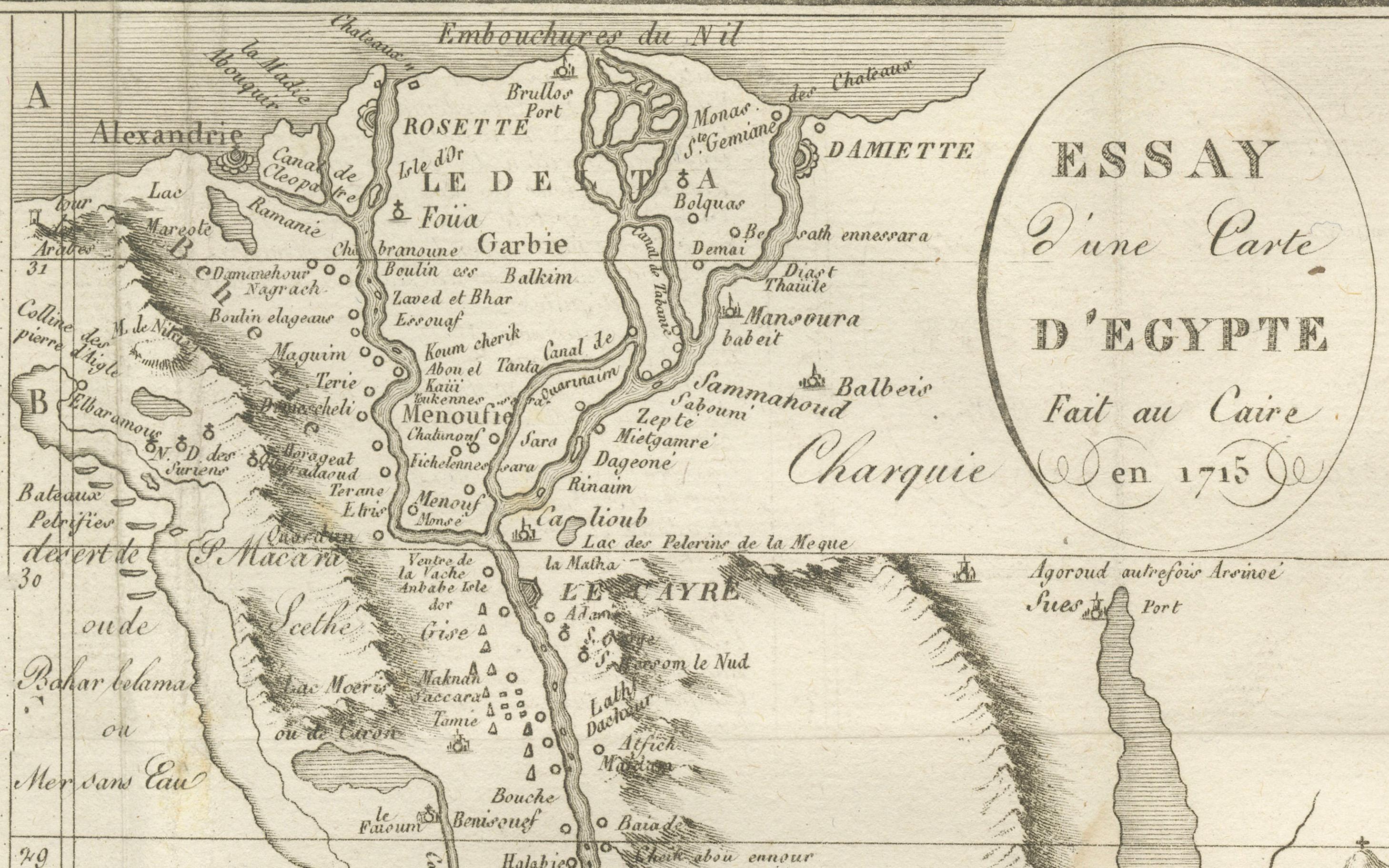 Carta geografica antica dell'Egitto e della Valle del Nilo con indice delle città, 1715 in vendita 1