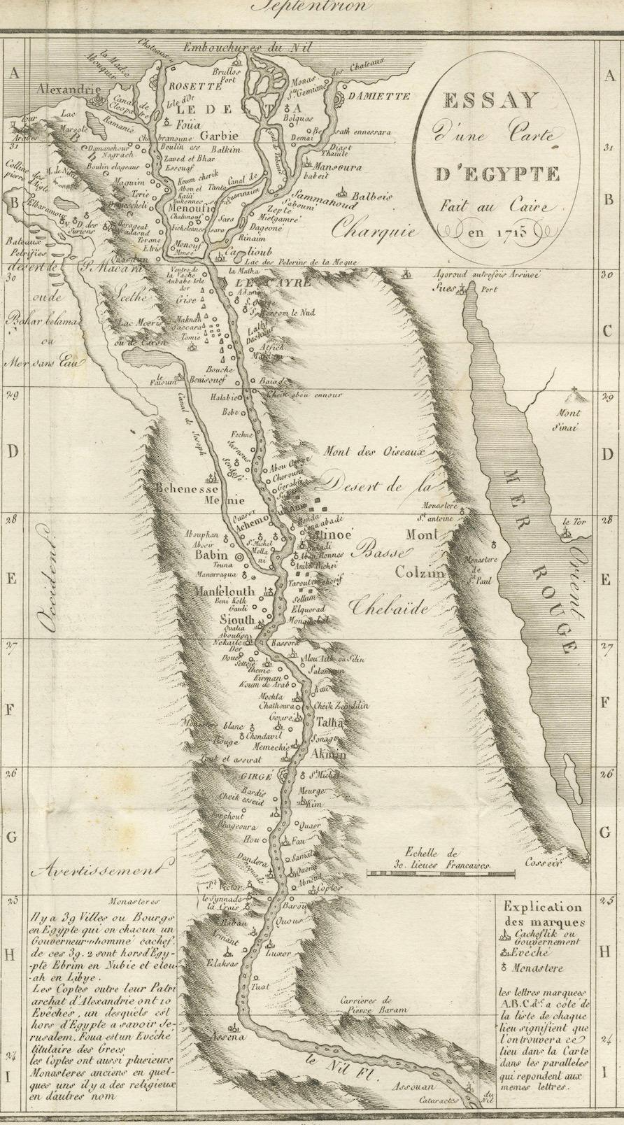 Carta geografica antica dell'Egitto e della Valle del Nilo con indice delle città, 1715 in vendita 2