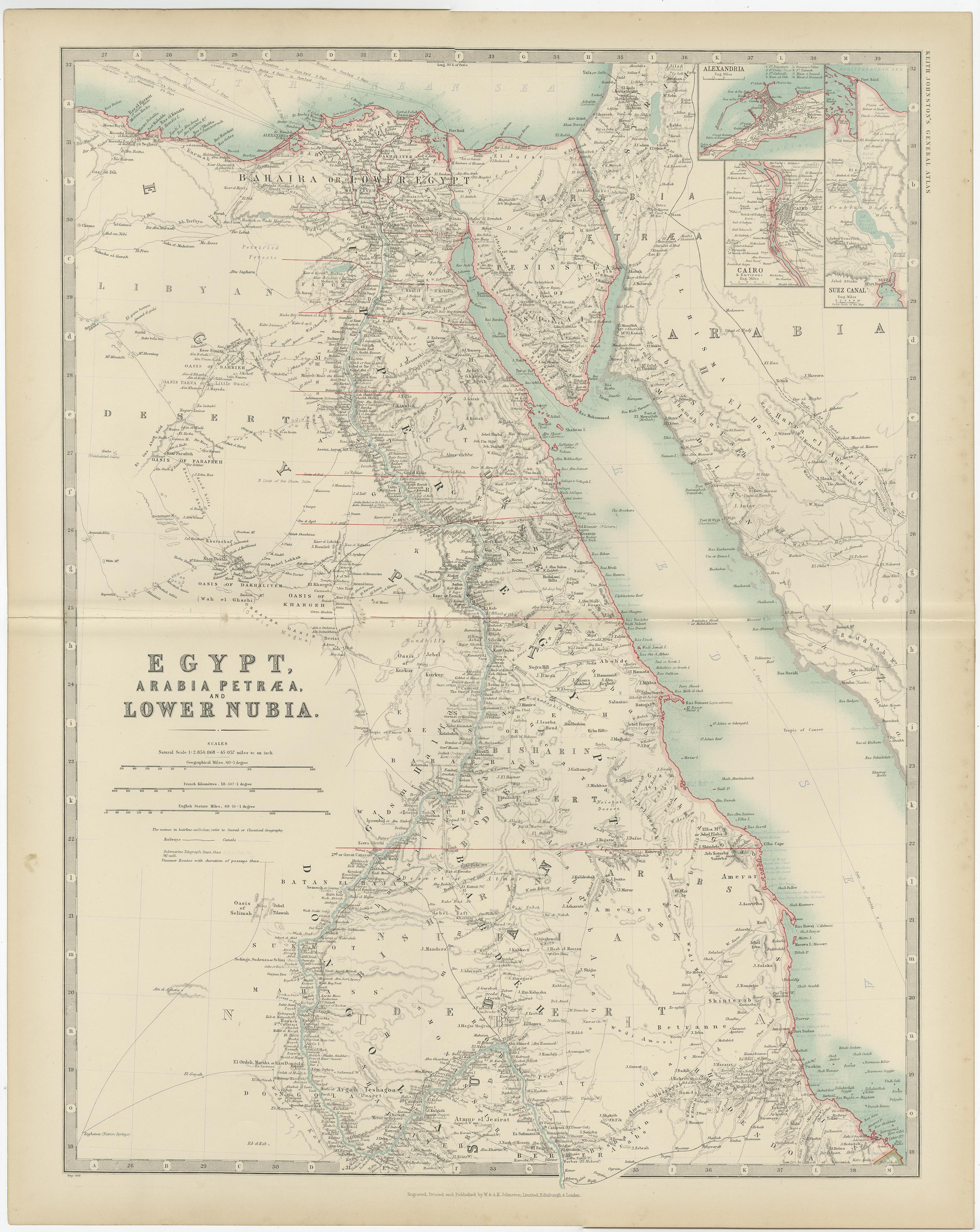 Antique map titled 'Egypt, Arabia Petraea and Lower Nubia'. Original antique map of Egypt, Arabia Petraea and Lower Nubia. With inset maps of Alexandriam Cairo and the Suez Canal. This map originates from the ‘Royal Atlas of Modern Geography’.