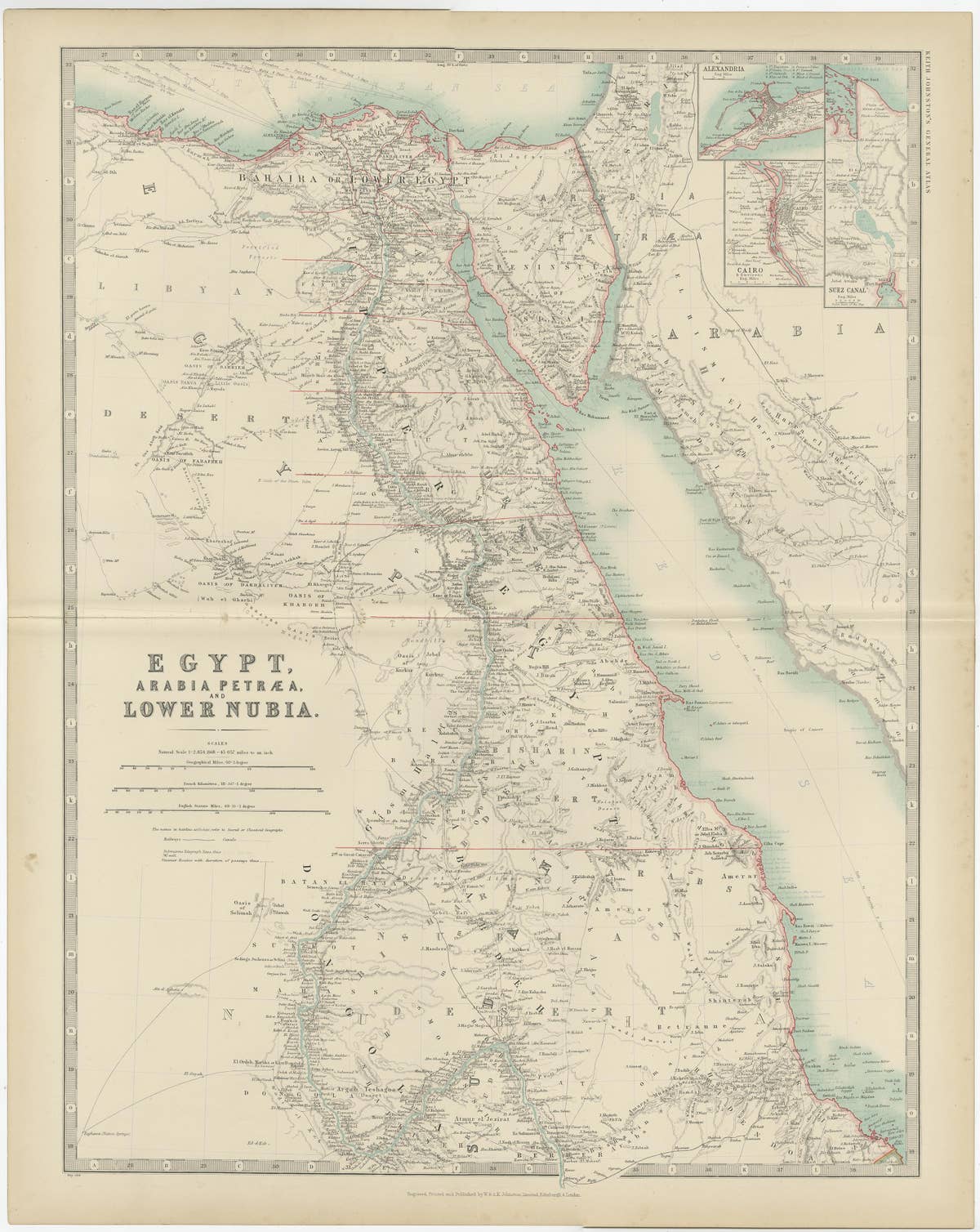 Antique Map of Egypt, Arabia Petraea and Lower Nubia by Johnston '1909'