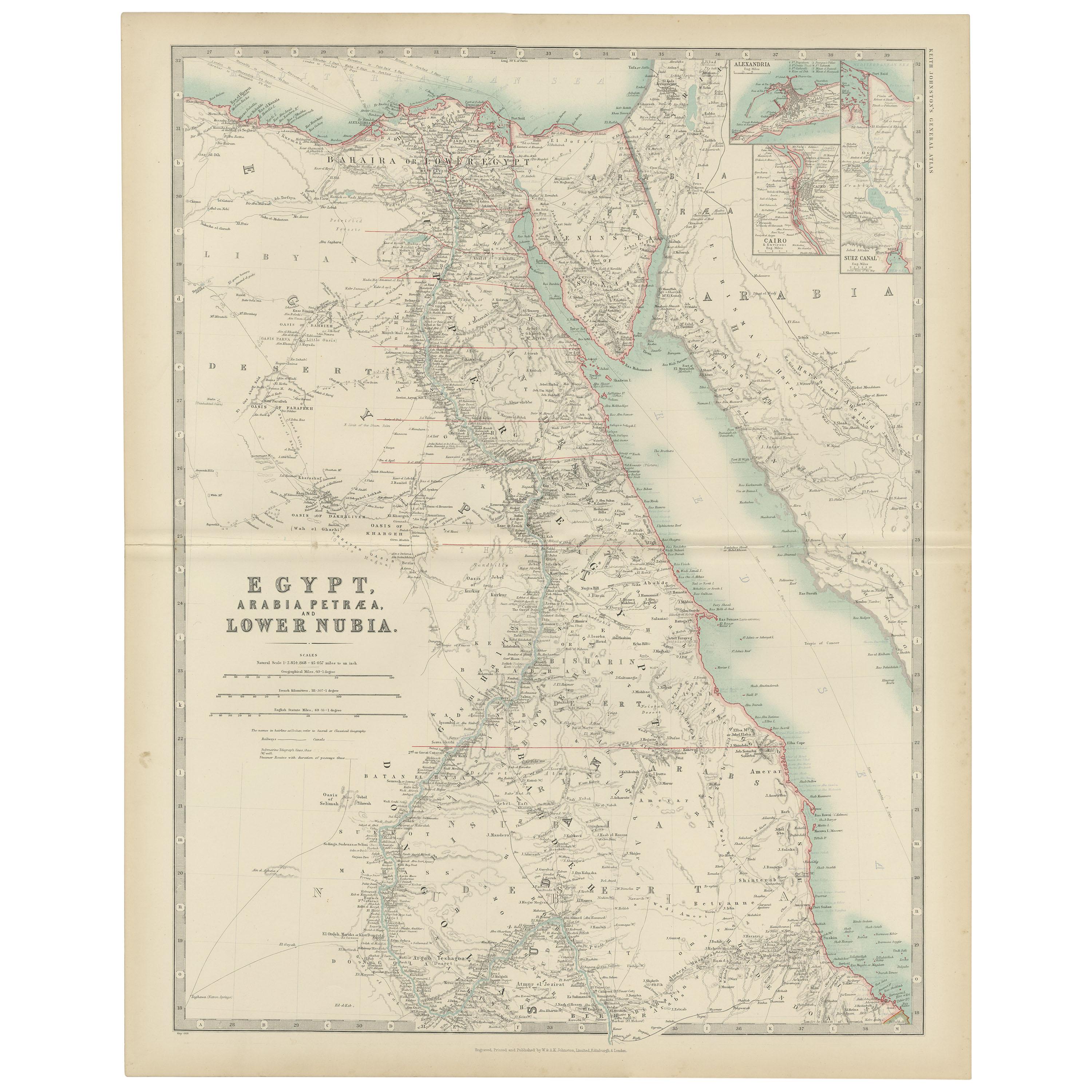 Carte ancienne d'Égypte, d'Arabie Petraea et du bas de la Nubie par Johnston '1909'