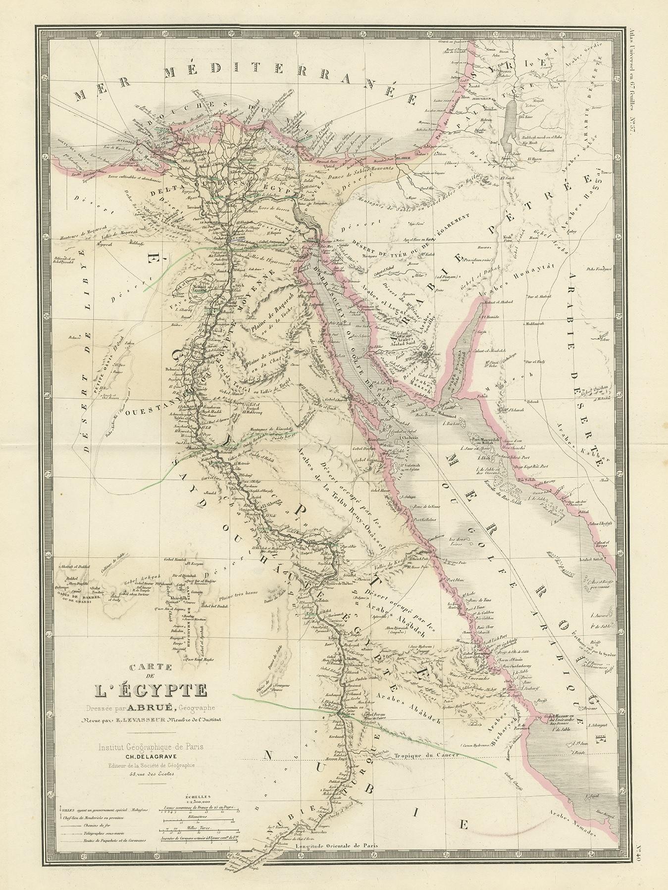 Antique map titled 'Carte des l'Égypte'. Large map of Egypt. This map originates from 'Atlas de Géographie Moderne Physique et Politique' by A. Levasseur. Published 1875.