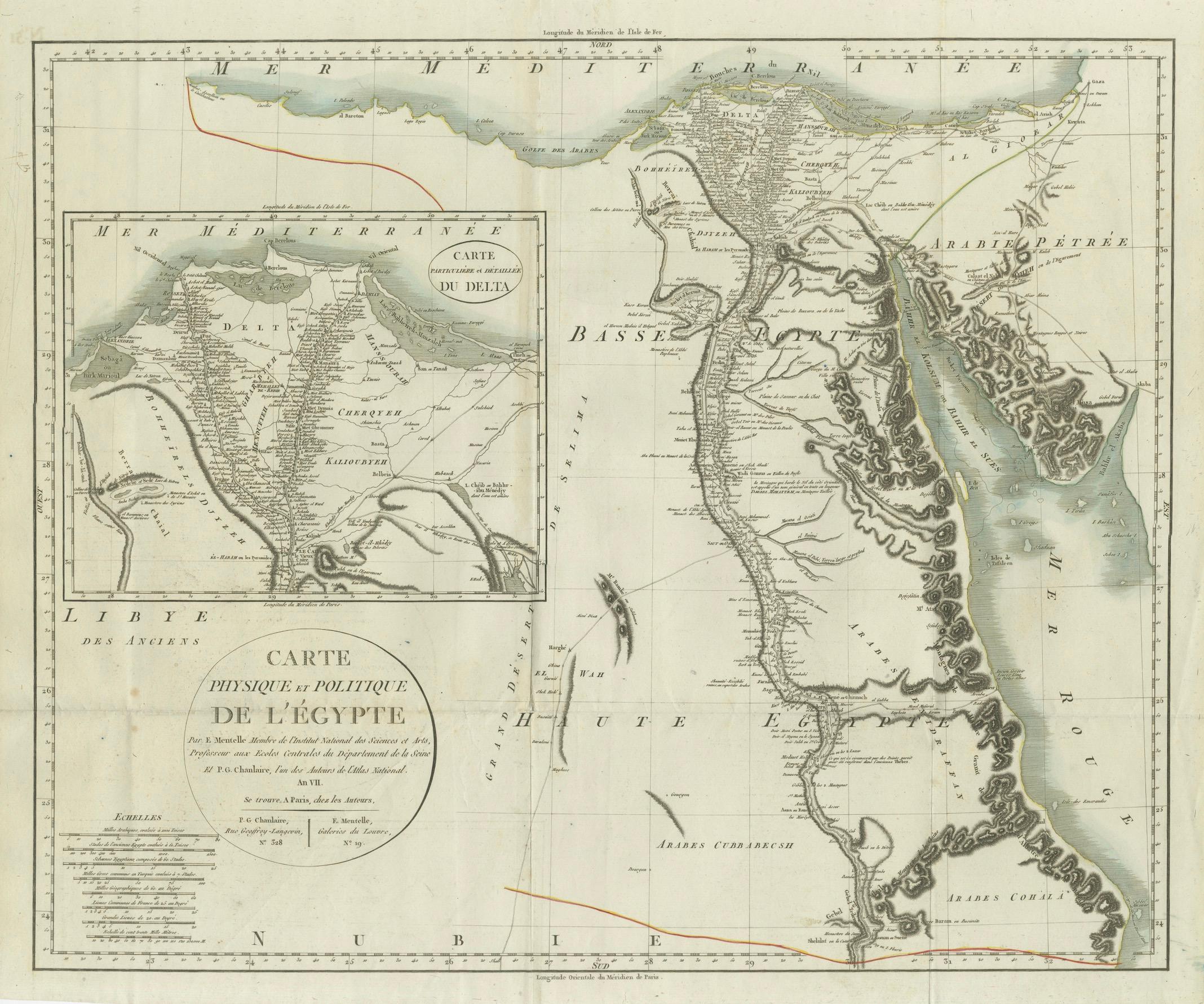 Antique Map of Egypt with Detailed Inset of the Nile Delta, ca. 1799

This finely engraved antique map titled Carte Physique et Politique de l’Égypte presents a detailed and scientifically informed view of Egypt during the Napoleonic period, created