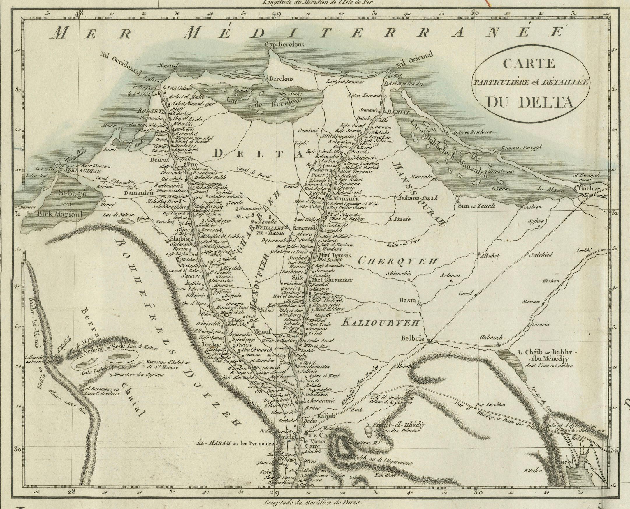 French Antique Map of Egypt with Detailed Inset of the Nile Delta, ca. 1799 For Sale