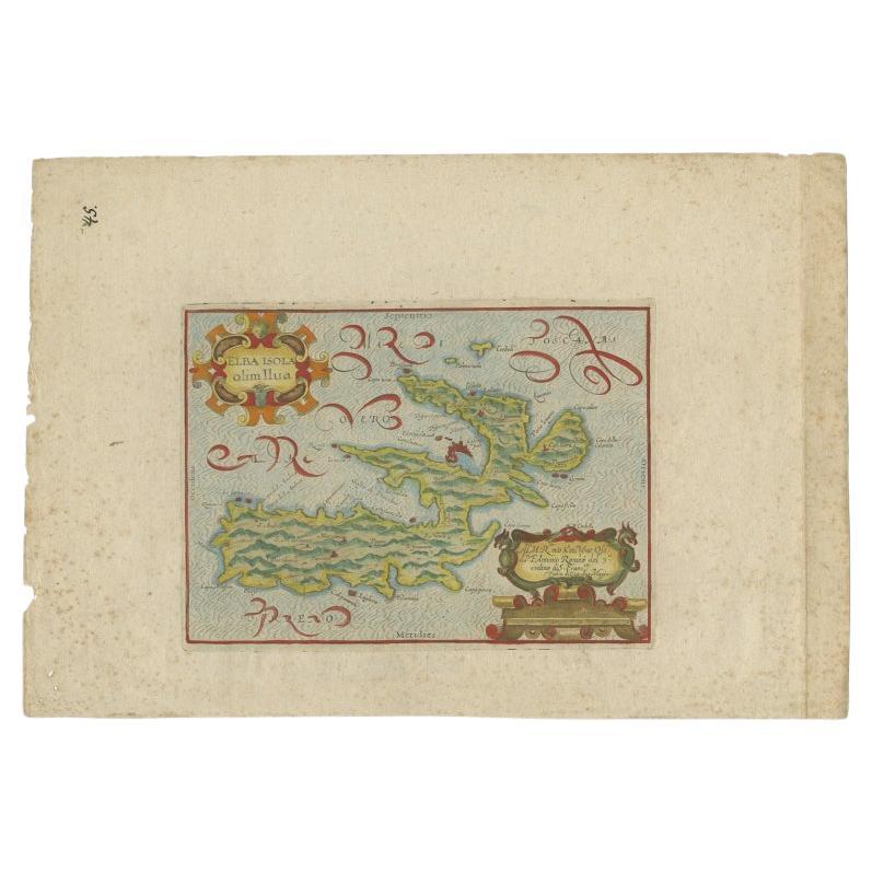 Antique map titled 'Elba Isola olim Ilua'. Old map of Elba, a Mediterranean island in Tuscany, Italy. Engraved in the Italian style with a moiré patterned sea, calligraphy and two bold strapwork cartouches.

Elba is a Mediterranean island in