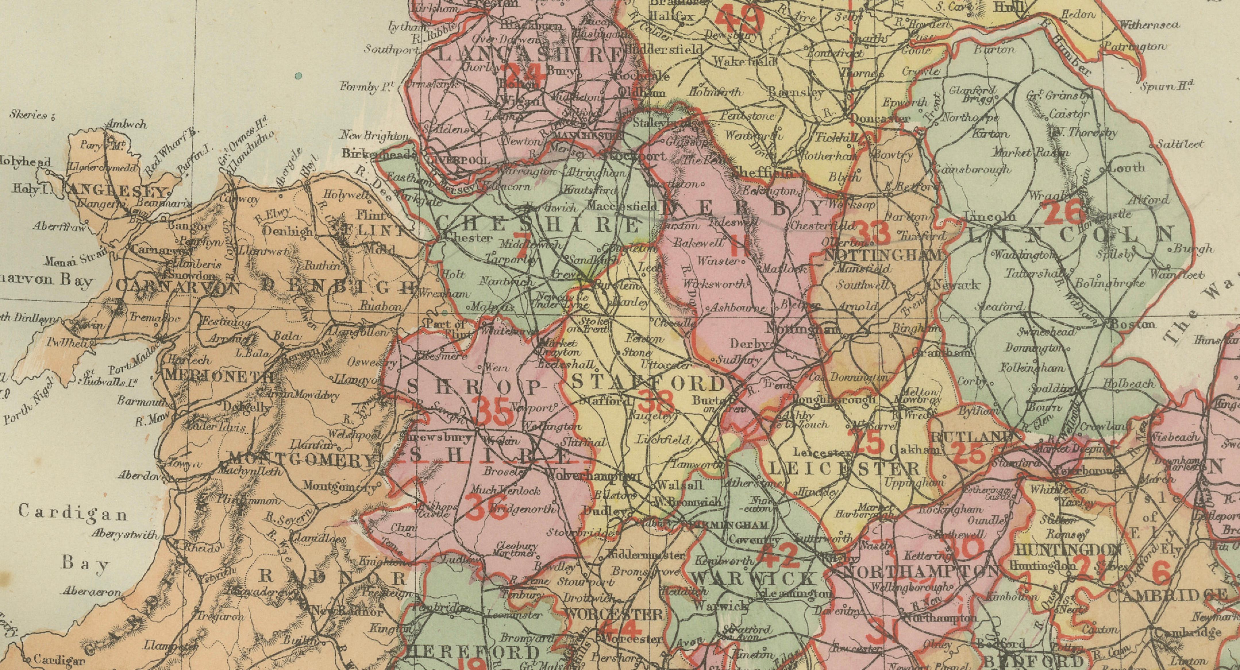Antique Map of England, 1885 – County Colors, Railways & British Heritage