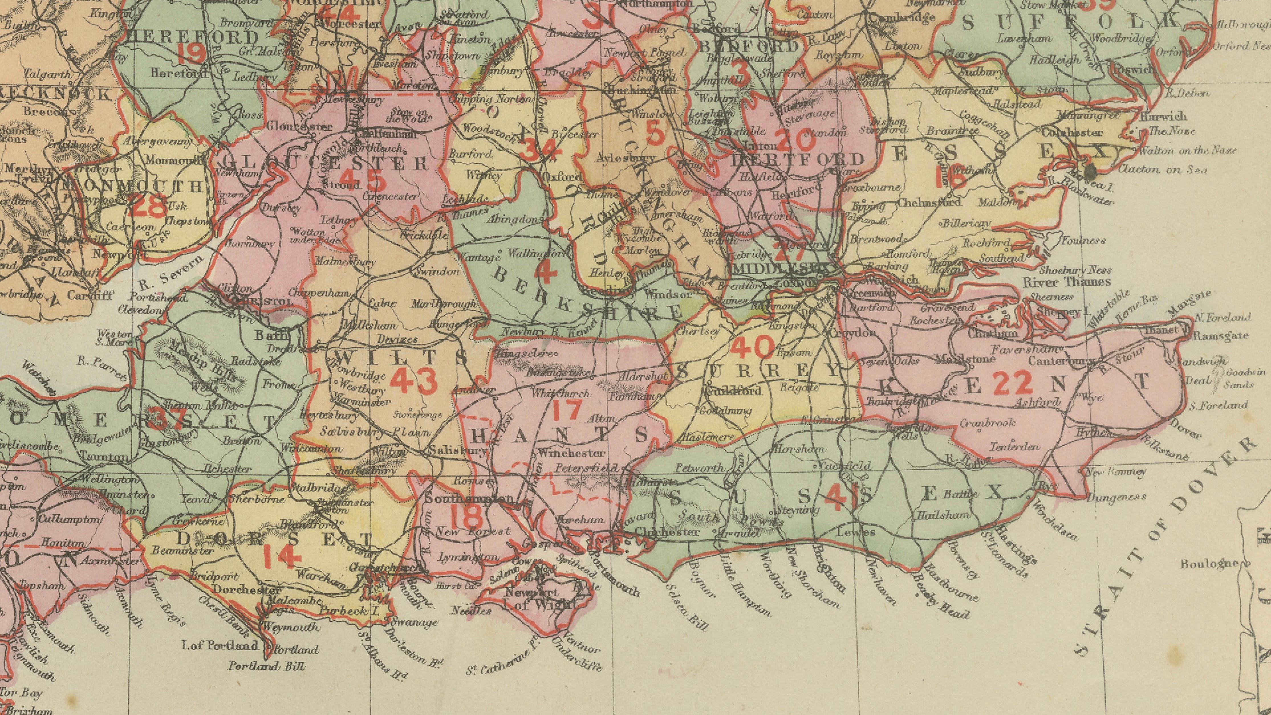 Antique Map of England, 1885 – County Colors, Railways & British Heritage