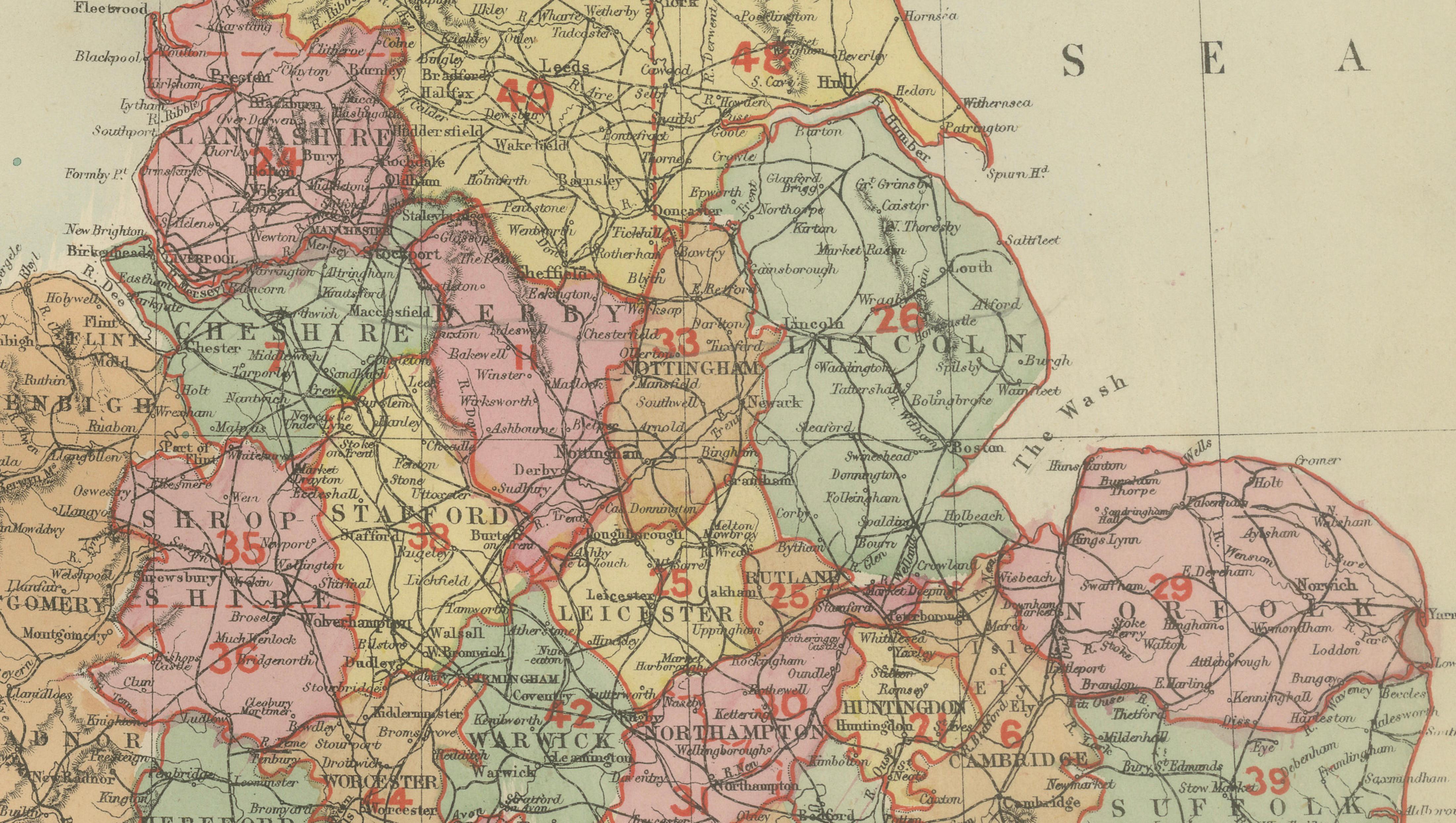 Antique Map of England, 1885 – County Colors, Railways & British Heritage