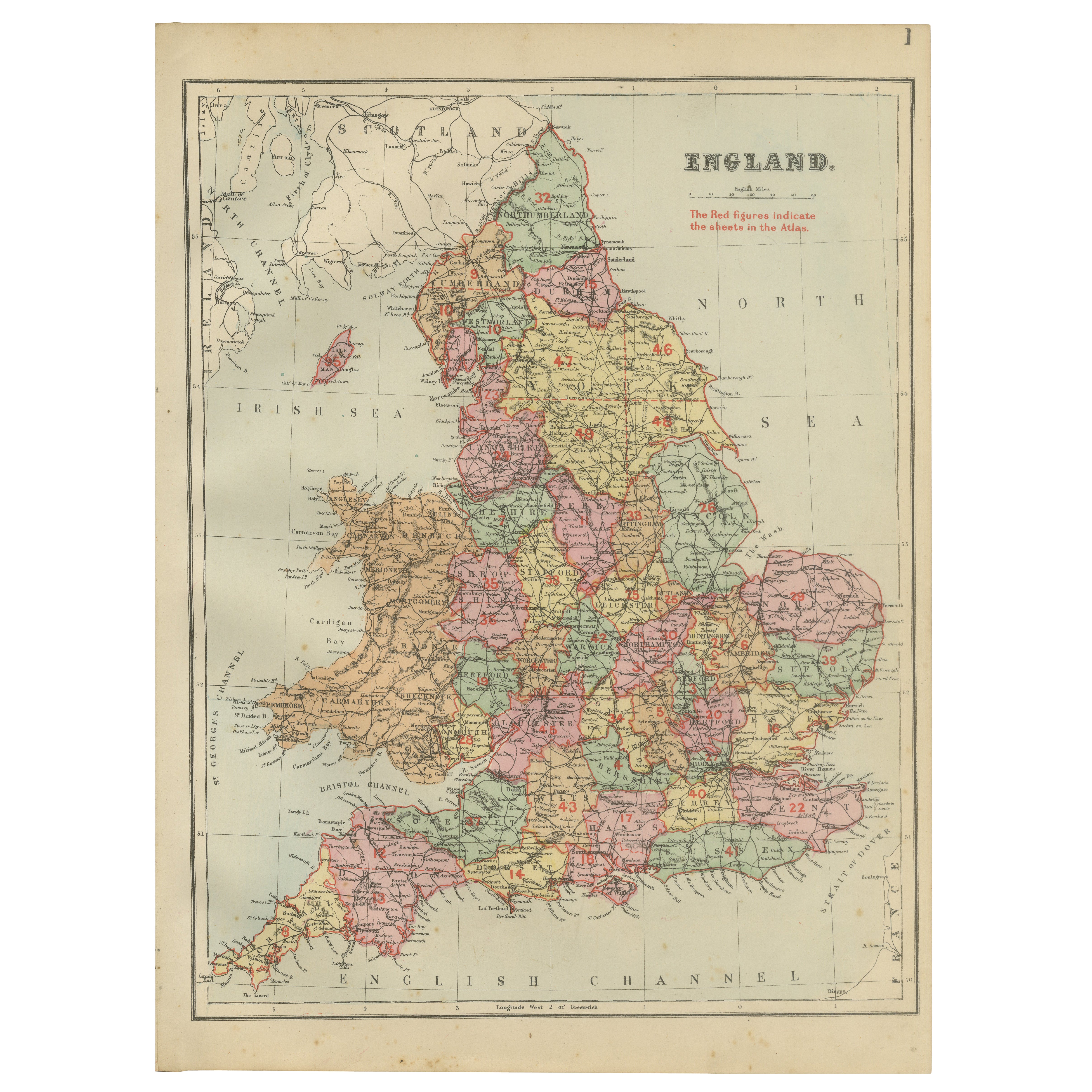Mappa antica dell
Inghilterra, 1885 - Colori delle contee, ferrovie e patrimonio britannico in vendita