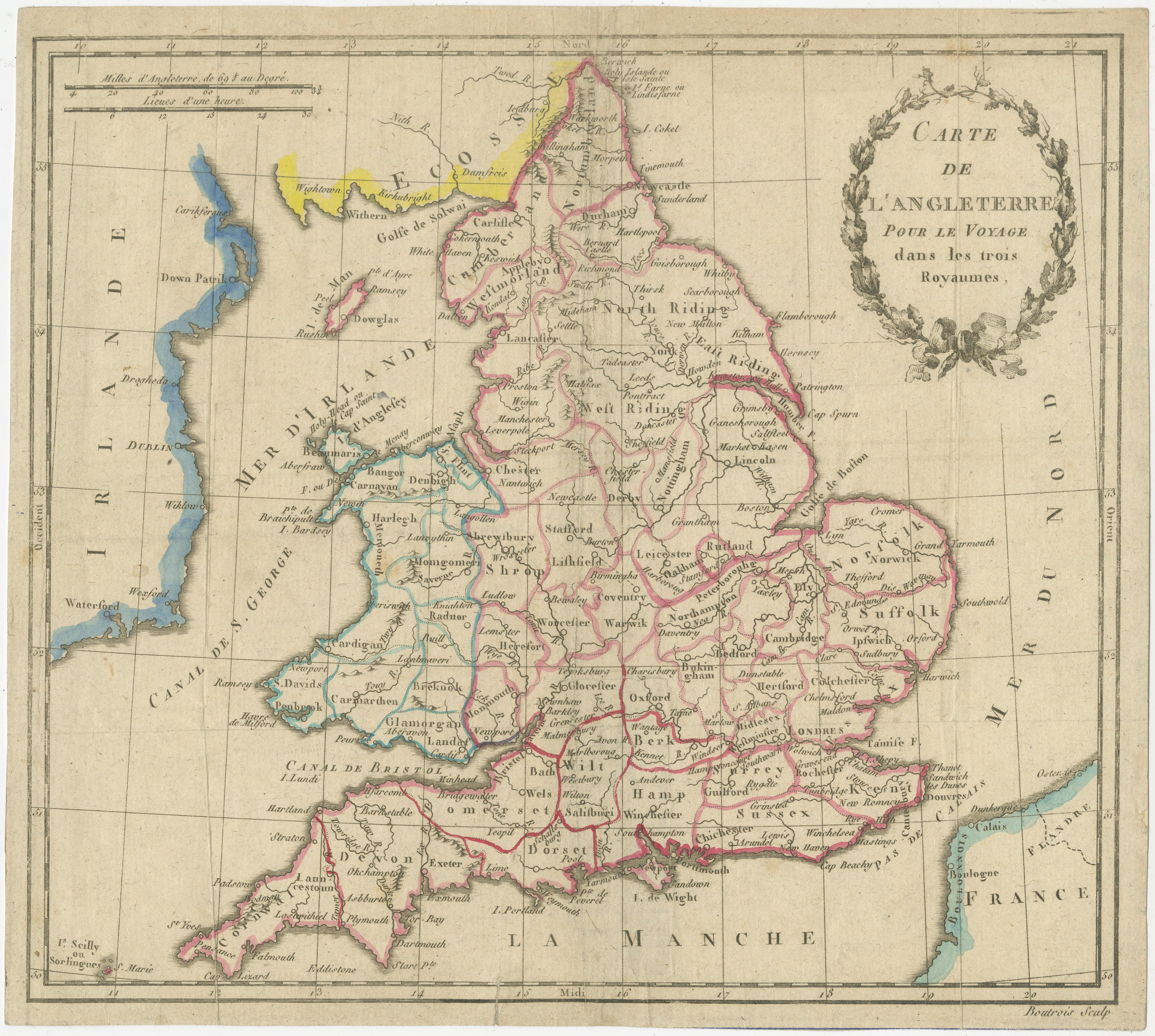 Antique map titled 'Carte de l'Angleterre pour le Voyage dans les trois Royaumes'. Original old map of England, also showing Calais. This map originates from 'Voyage dans les trois royaumes d'Angleterre, d'Ecosse, et d'Irlande fait en 1788 et 1789'