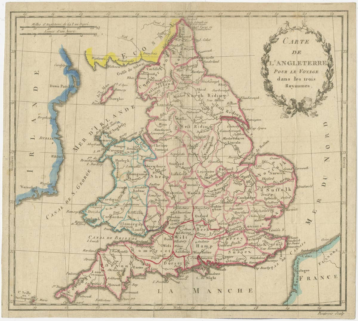 Antique Map of England, Also Showing Calais