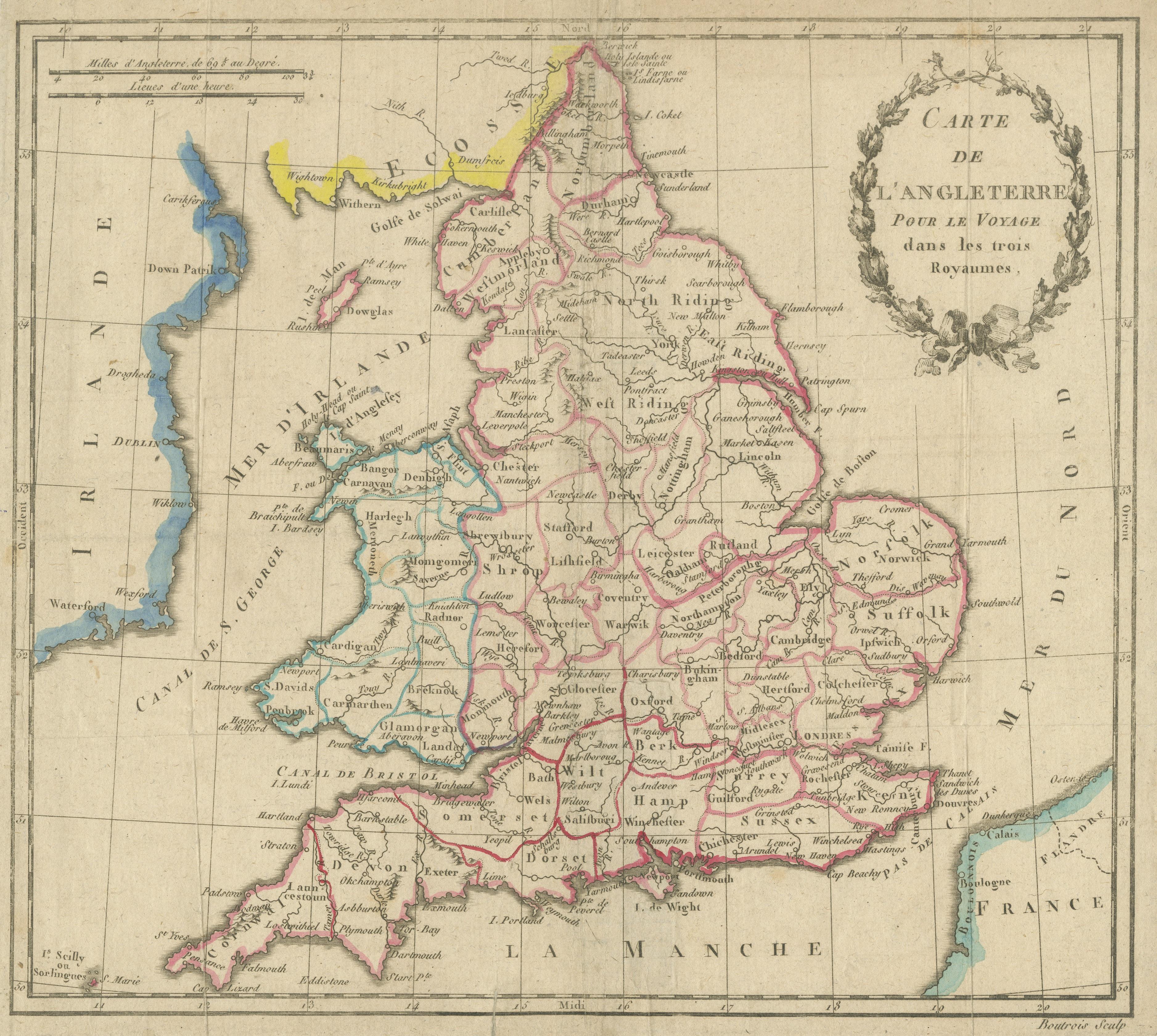 Carte ancienne d'Angleterre, également montrant le Calais État moyen - En vente à Langweer, NL