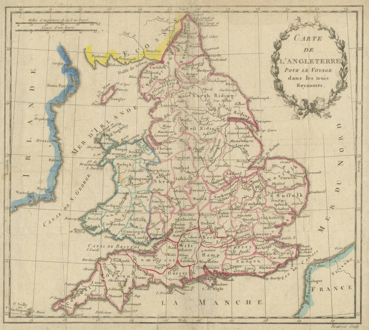 Antique Map of England, Also Showing Calais