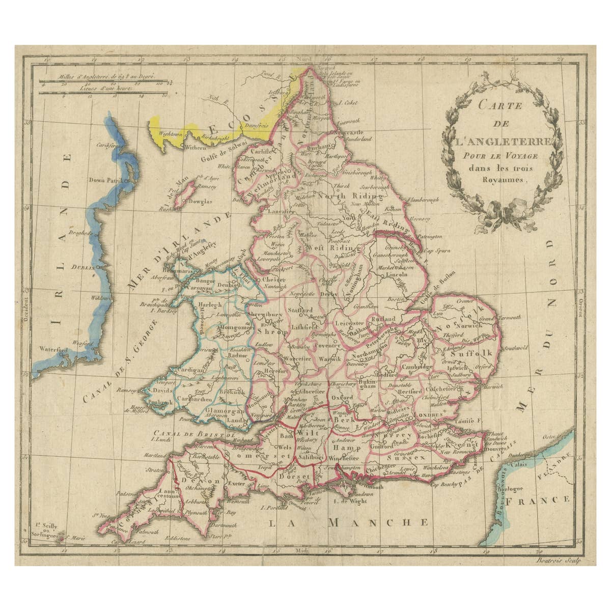 Antique Map of England, Also Showing Calais