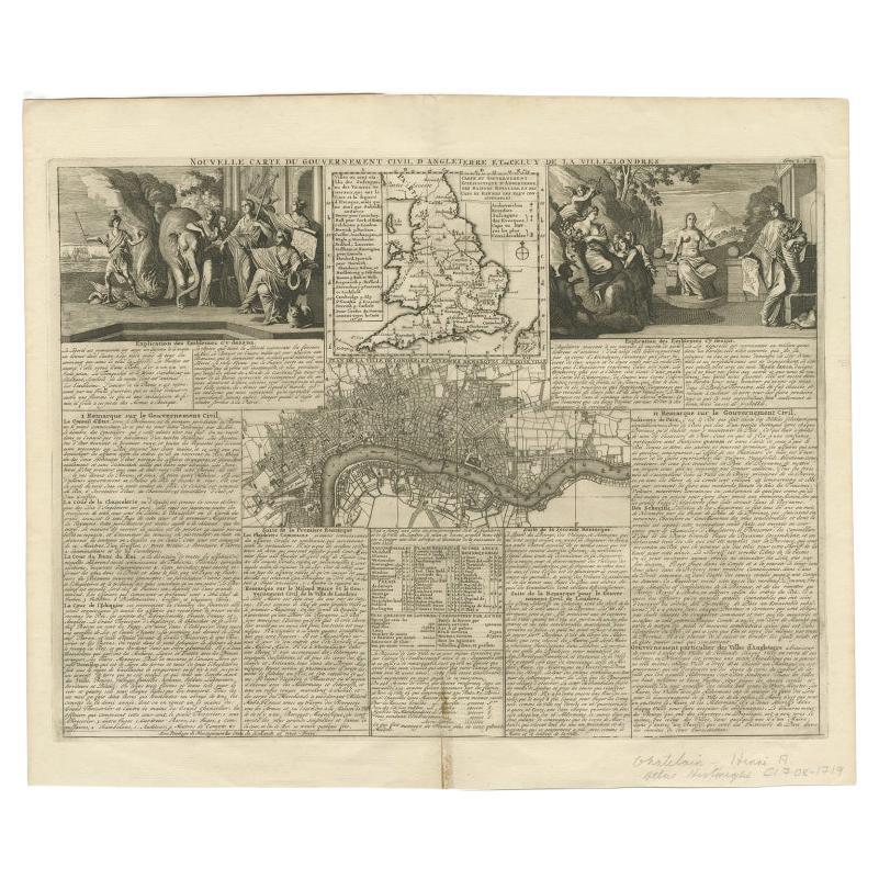 Carte ancienne d'Angleterre et de Londres avec deux grandes vues allégoriques, vers 1720 en vente