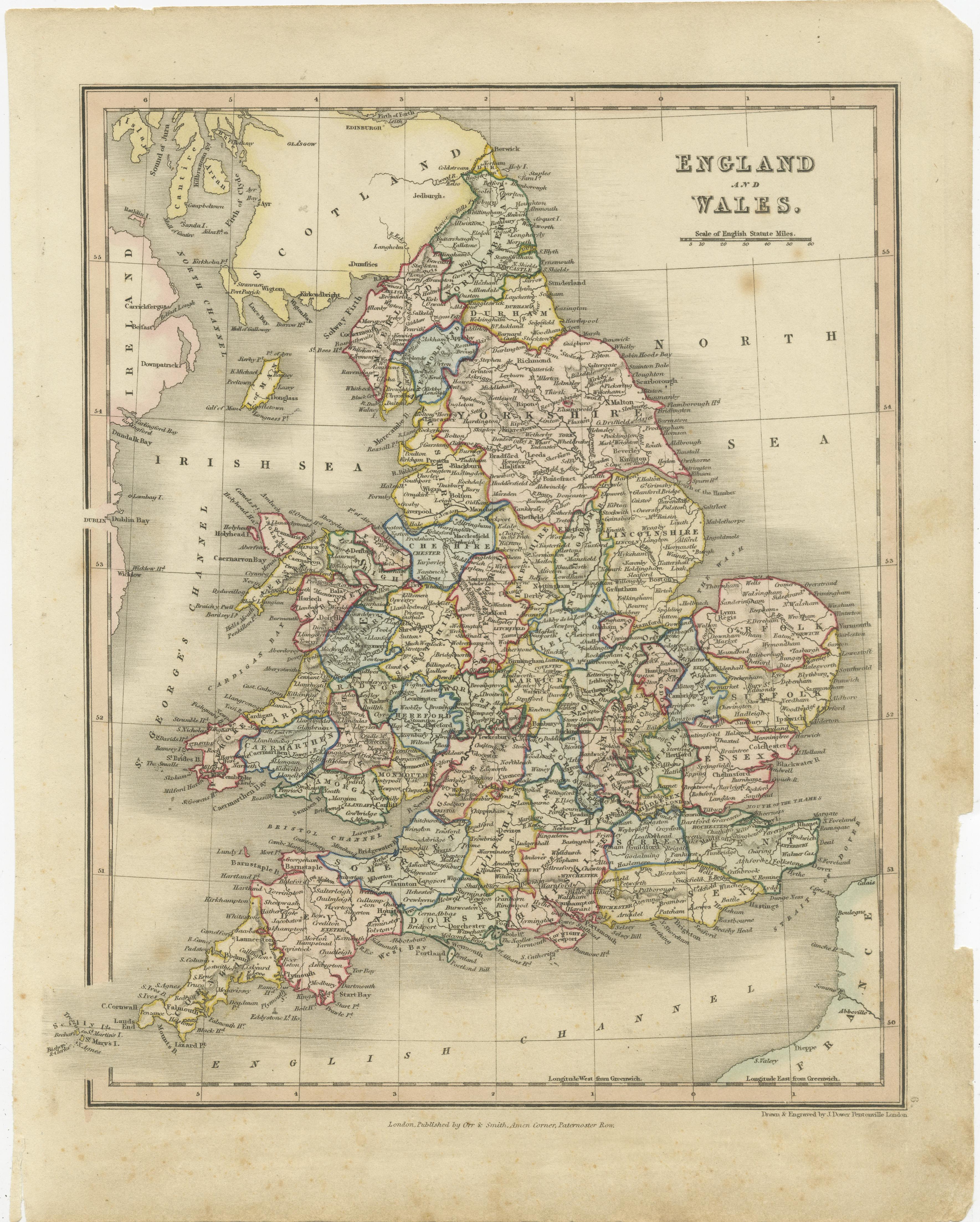 Antique map titled 'England and Wales'. Original antique map of England and Wales. Drawn and engraved by J. Dower. Originates from 'A General Descriptive Atlas Of The Earth, Containing Separate Maps Of The Various Countries And States (..)'.