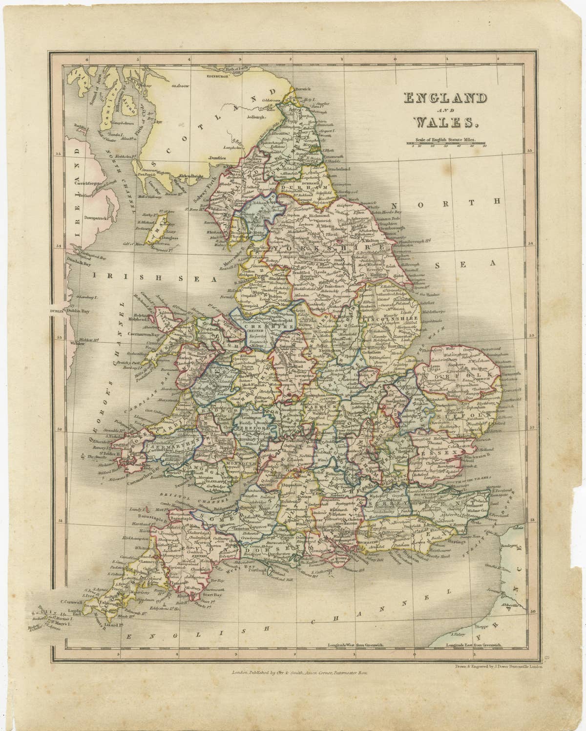 Antique Map of England and Wales, Also Showing the English Channel