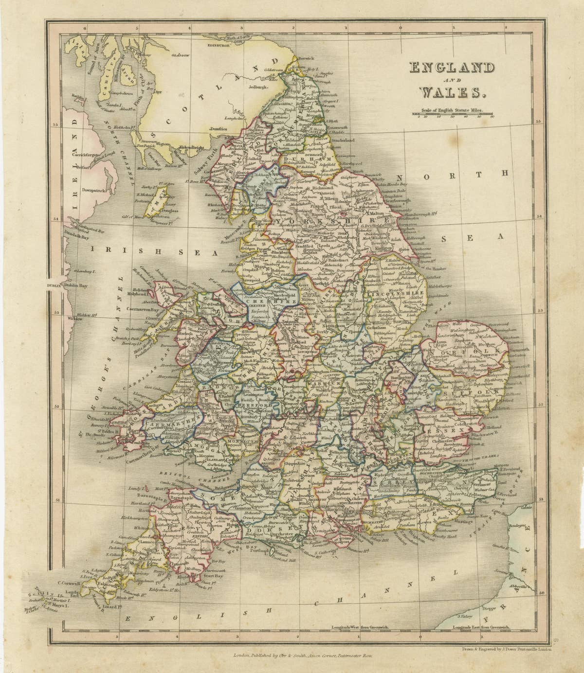 Antique Map of England and Wales, Also Showing the English Channel