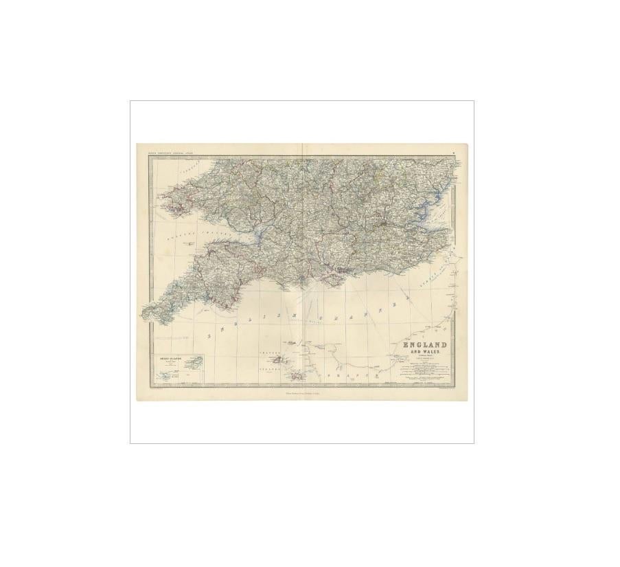 Antique map titled 'England and Wales (Southern Sheet)'. With an inset map of the Scilly Islands. This map originates from the ‘Royal Atlas of Modern Geography’ by Alexander Keith Johnston. Published by William Blackwood and Sons, Edinburgh and
