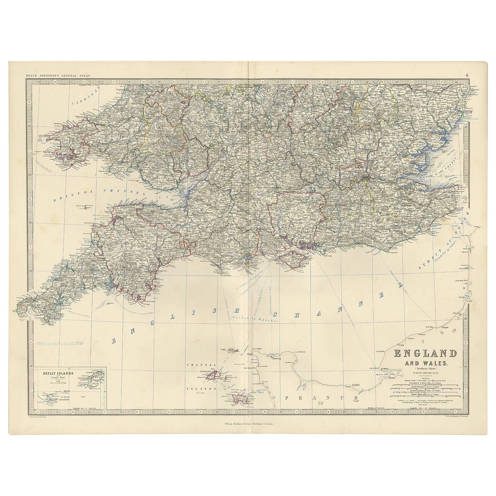 Carte ancienne d'Angleterre et de Galles par A.K. Johnston, 1865 en vente