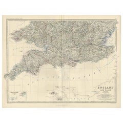 Mapa antiguo de Inglaterra y Gales por A.K. Johnston, 1865
