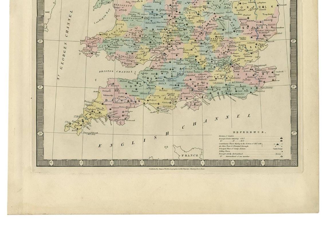 Antique map of England and Wales titled 'A Map Shewing the Places in England & Wales Sending Members to Parliament with the numbers returned, divisions of counties and population, places of County election, polling places and boroughs disfranchised