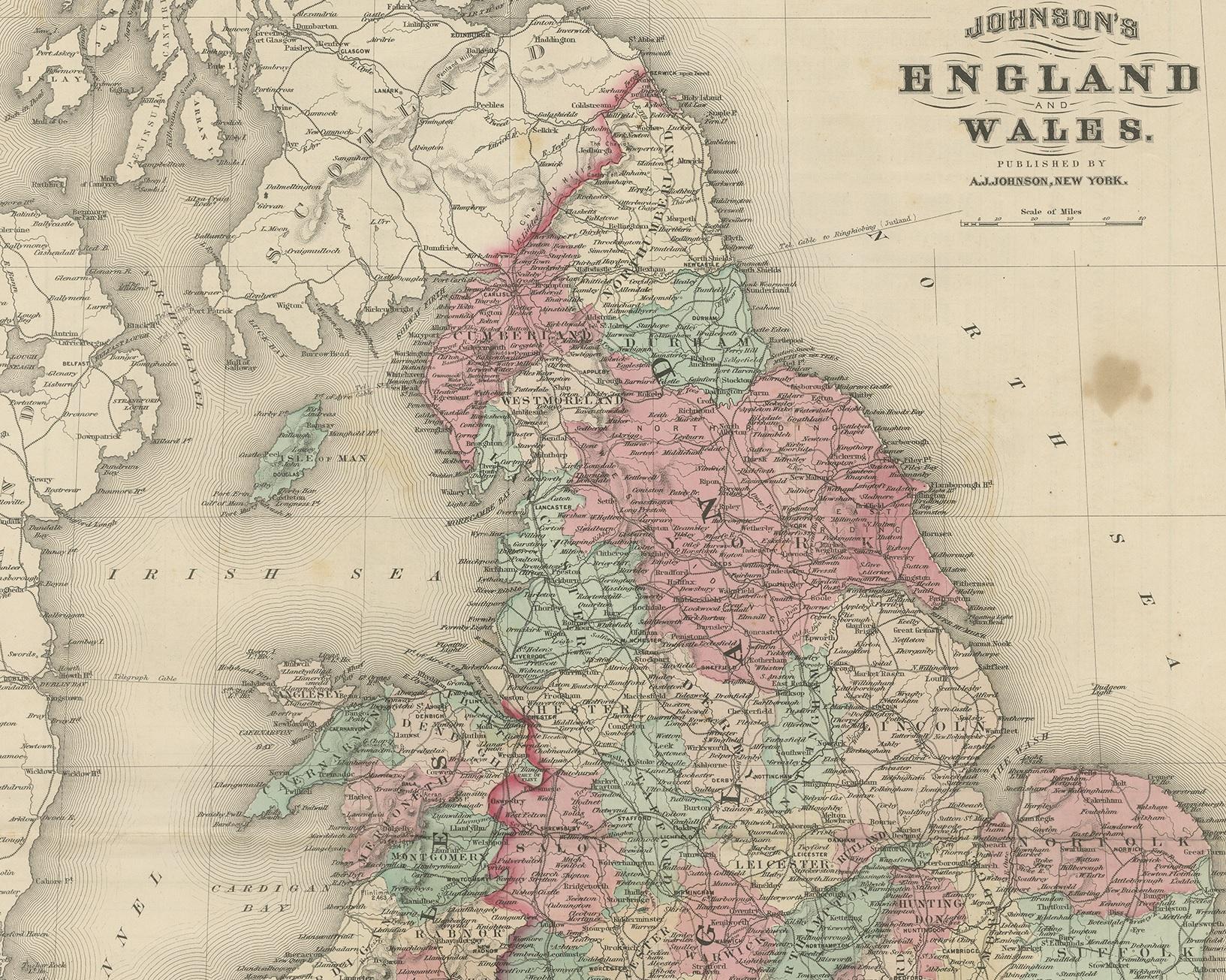 Carte ancienne d'Angleterre et de Galles par Johnson (1872) État moyen - En vente à Langweer, NL