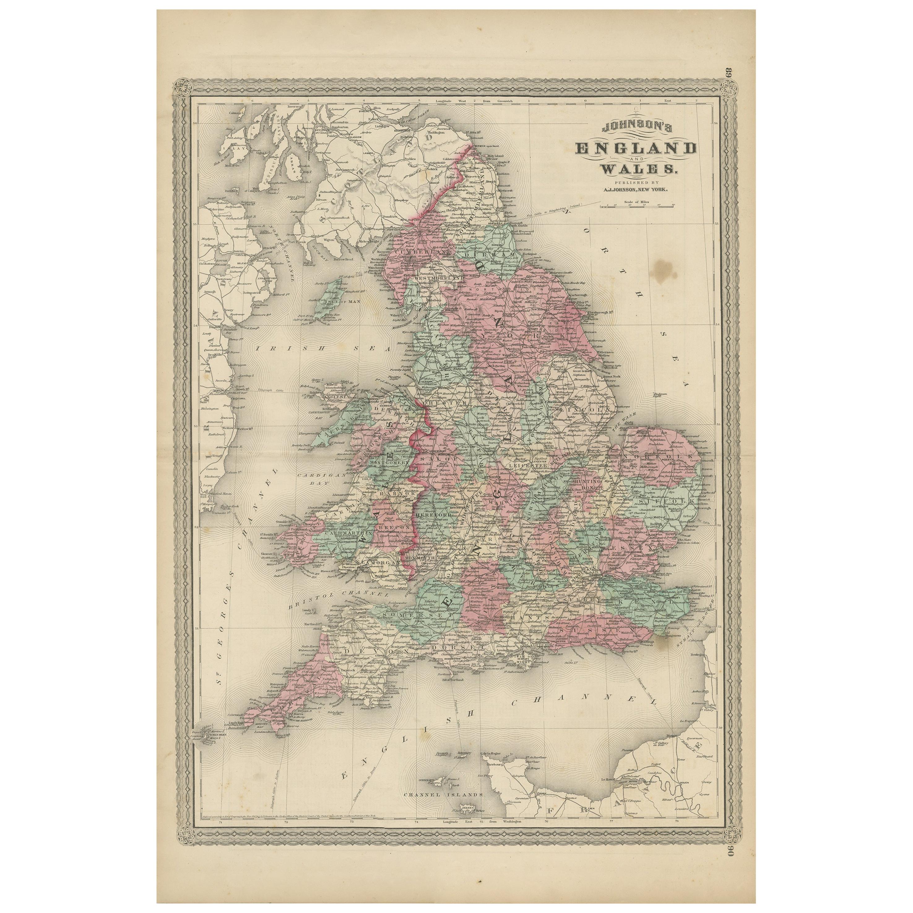Carte ancienne d'Angleterre et de Galles par Johnson (1872) en vente