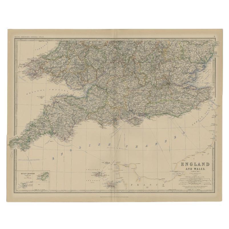 Antike Karte von England und Wales von Johnston, 1882