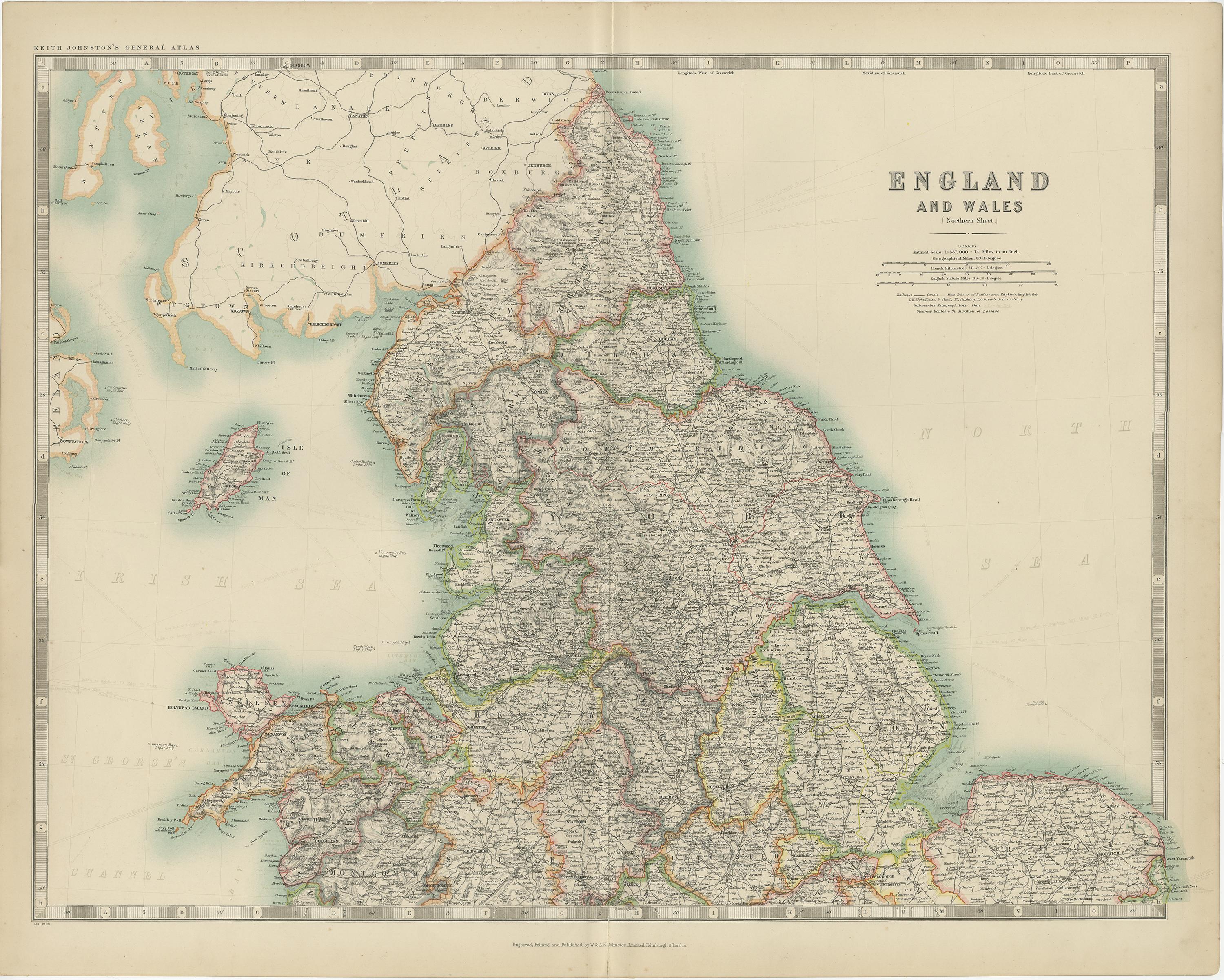 The antique map titled 'England and Wales' is a historical cartographic representation of these two nations. This original antique map of England and Wales is sourced from the 'Royal Atlas of Modern Geography,' which was published by W. & A.K.