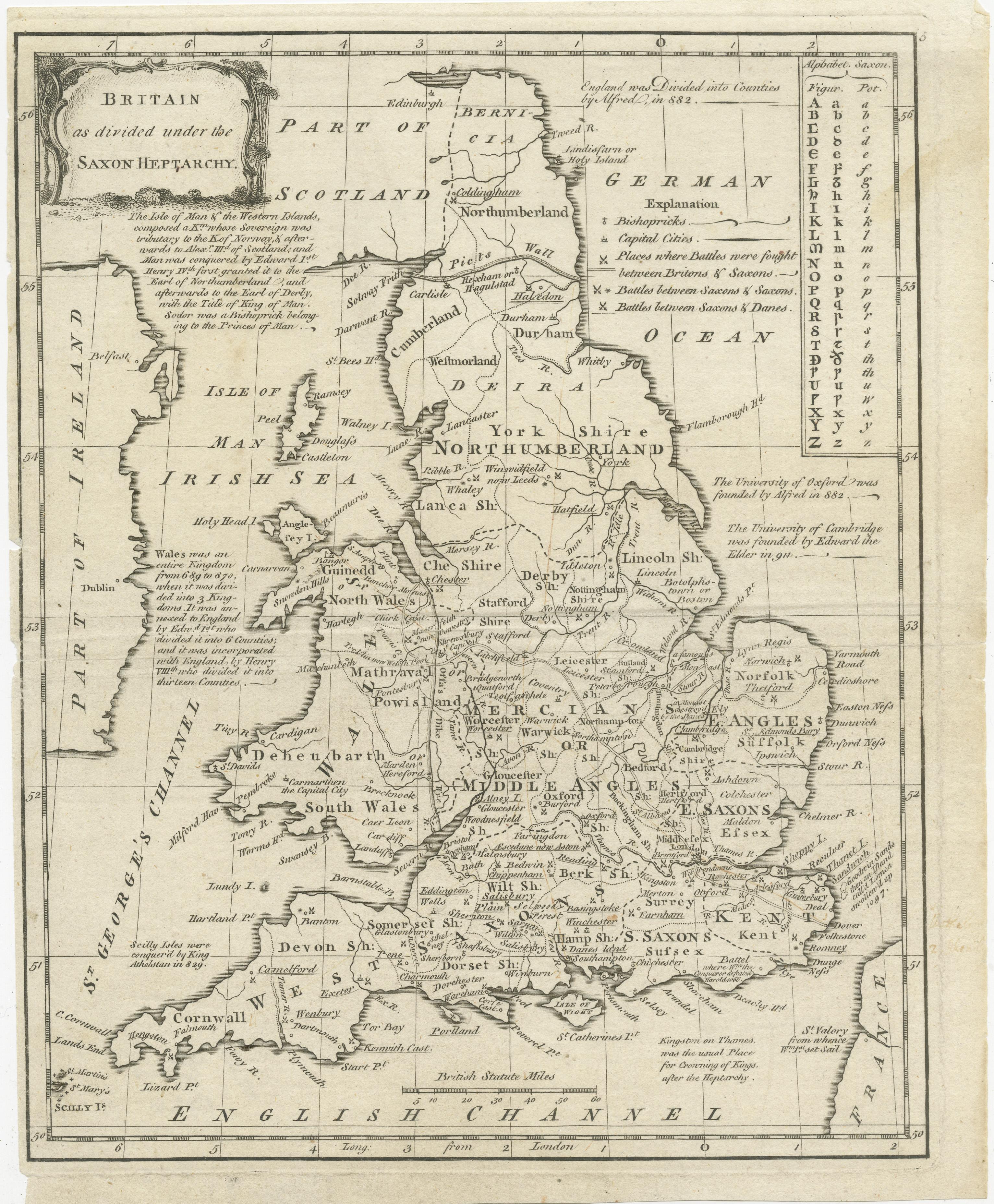Antique map titled 'Britain as divided under the Saxon Heptarchy'. An antique copper engraving map of England and Wales by Joseph Ellis depicting the period of the Saxon Heptarchy. Embellished with a title cartouche and Panel displaying the Saxon