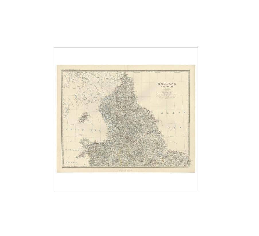 Antique Map of England and Wales 'North' by A.K. Johnston, 1865