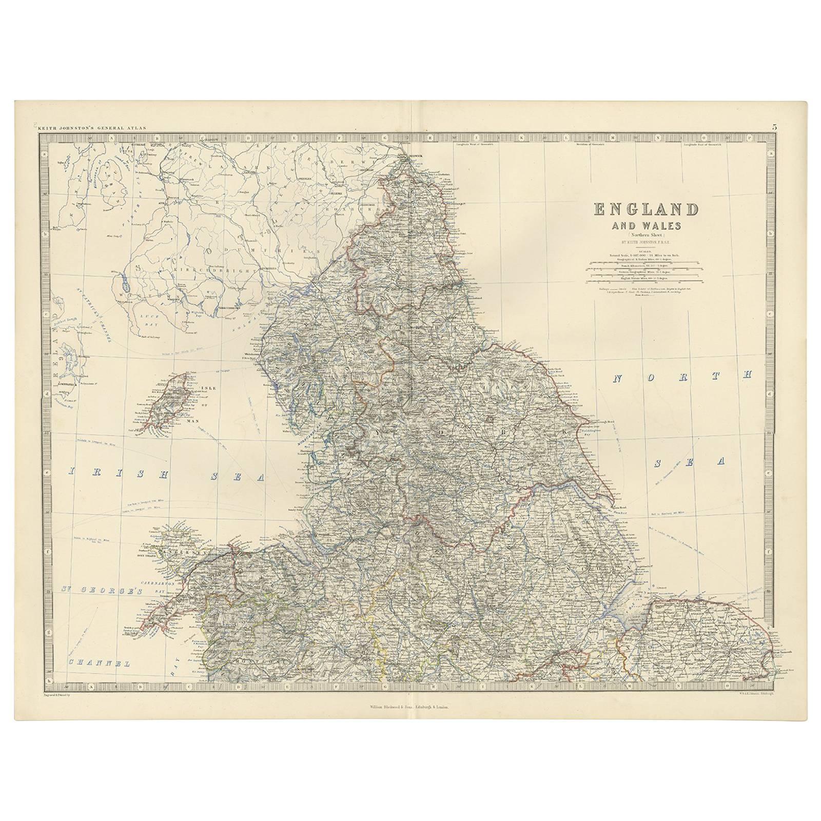 Carta geografica antica dell'Inghilterra e del Galles "Nord" di A.K. Johnston, 1865