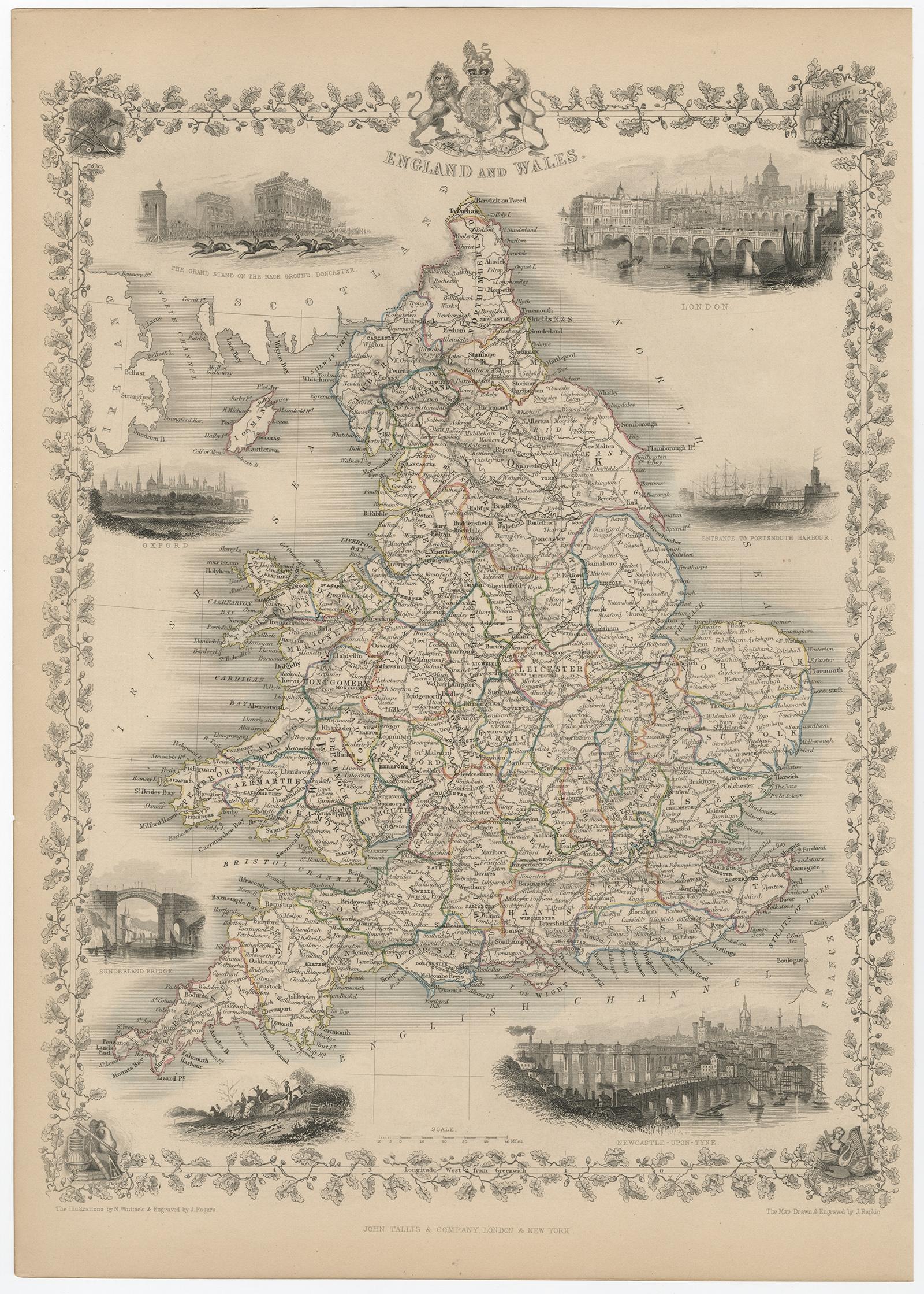Papier Carte ancienne d'Angleterre et de Galles avec Vignettes décoratives, 1851 en vente