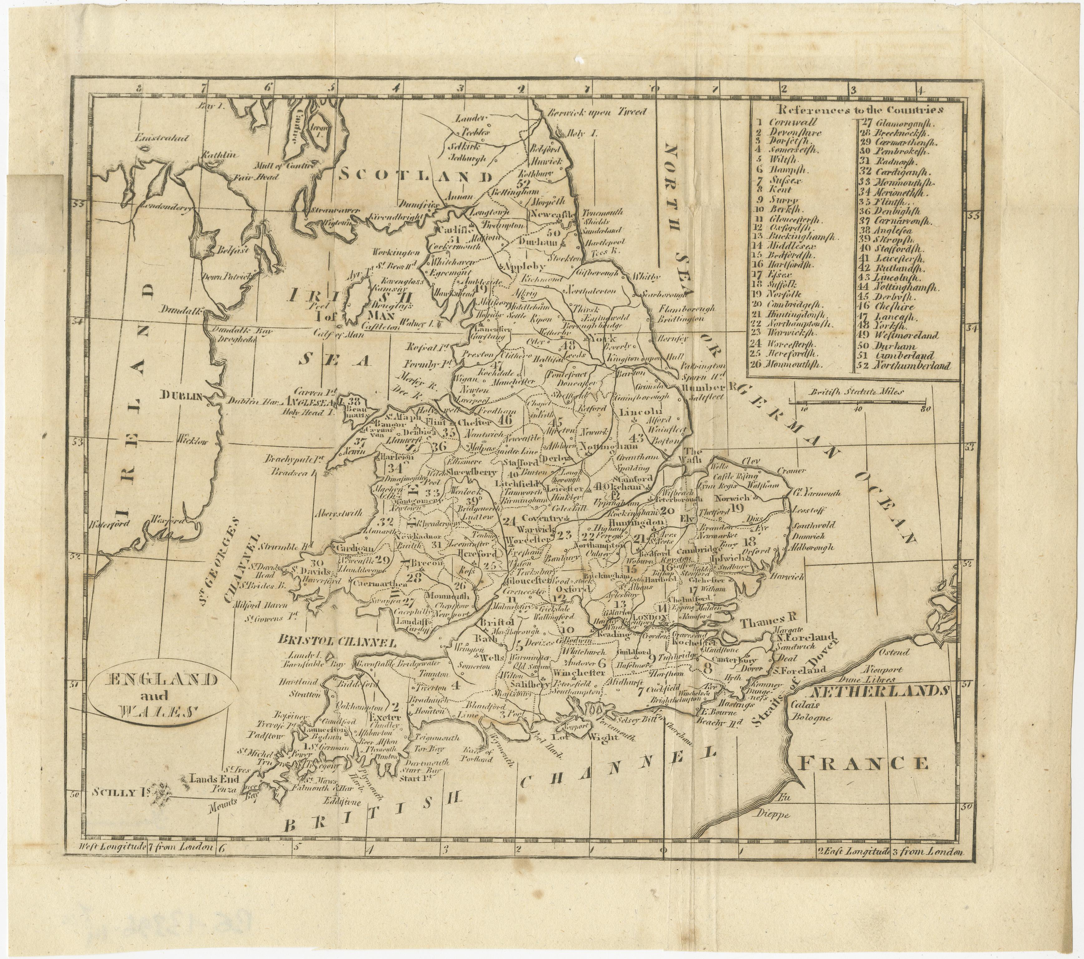 Antique map titled 'England and Wales'. Original antique map of England and Wales, with references to the counties. Source unknown, to be determined. Published circa 1820.