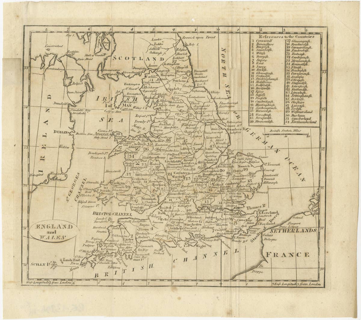 Antique Map of England and Wales, with References to the Counties