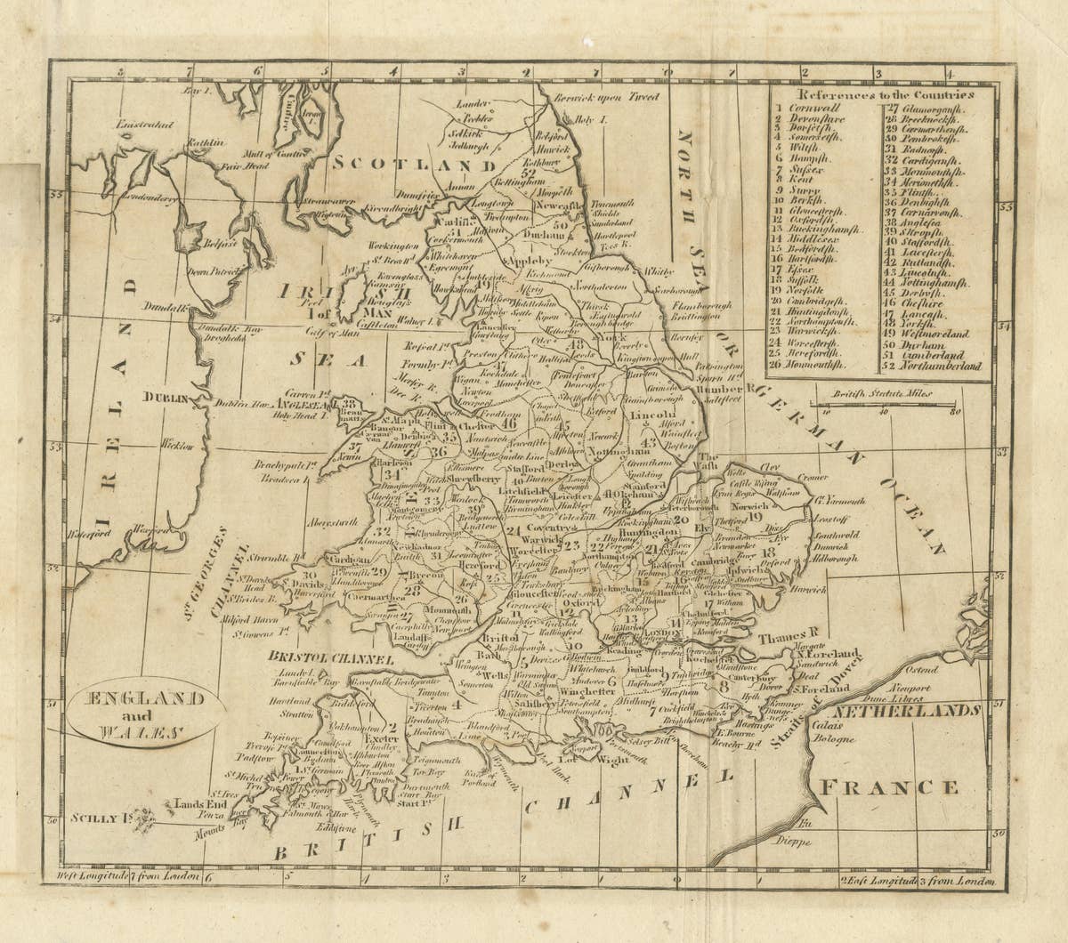 Antique Map of England and Wales, with References to the Counties