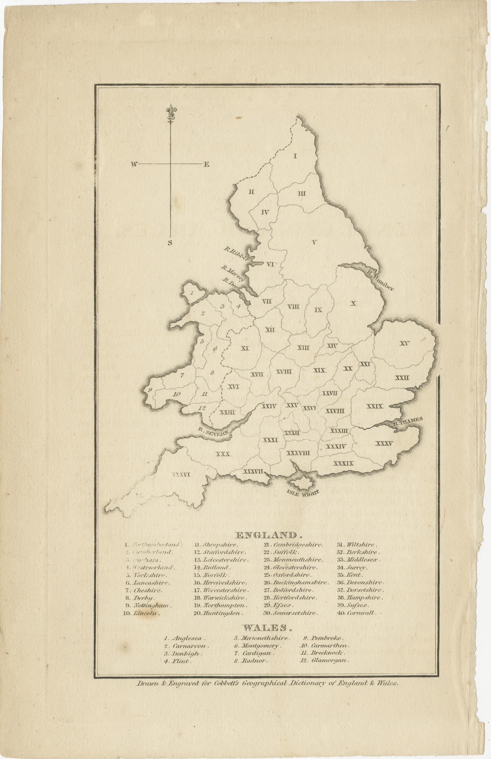Untitled original antique map of England and Wales. Drawn & Engraved for Cobbetts 'Geographical Dictionary of England & Wales'. Published by William Cobbett, 1832.