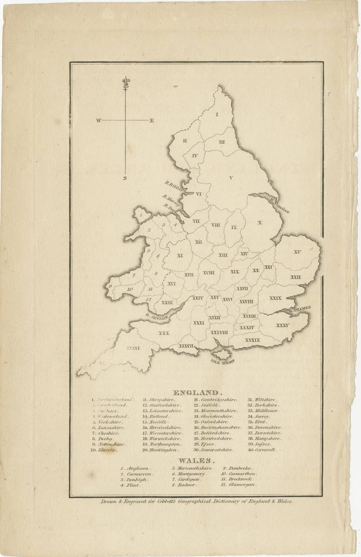 Antique Map of England and Wales with Roman Numerals