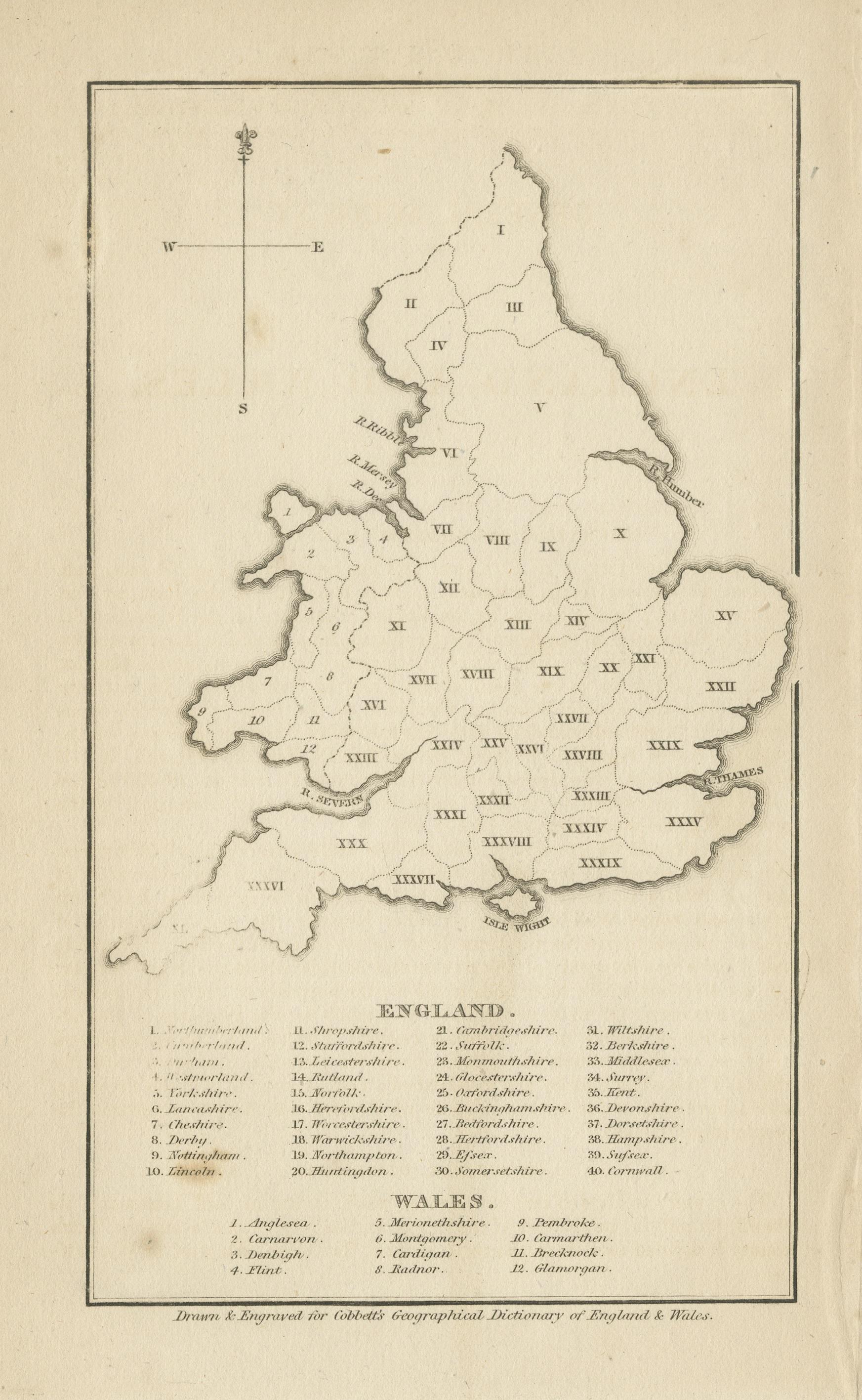 Carte ancienne d'Angleterre et de Galles avec chiffres romains État moyen - En vente à Langweer, NL
