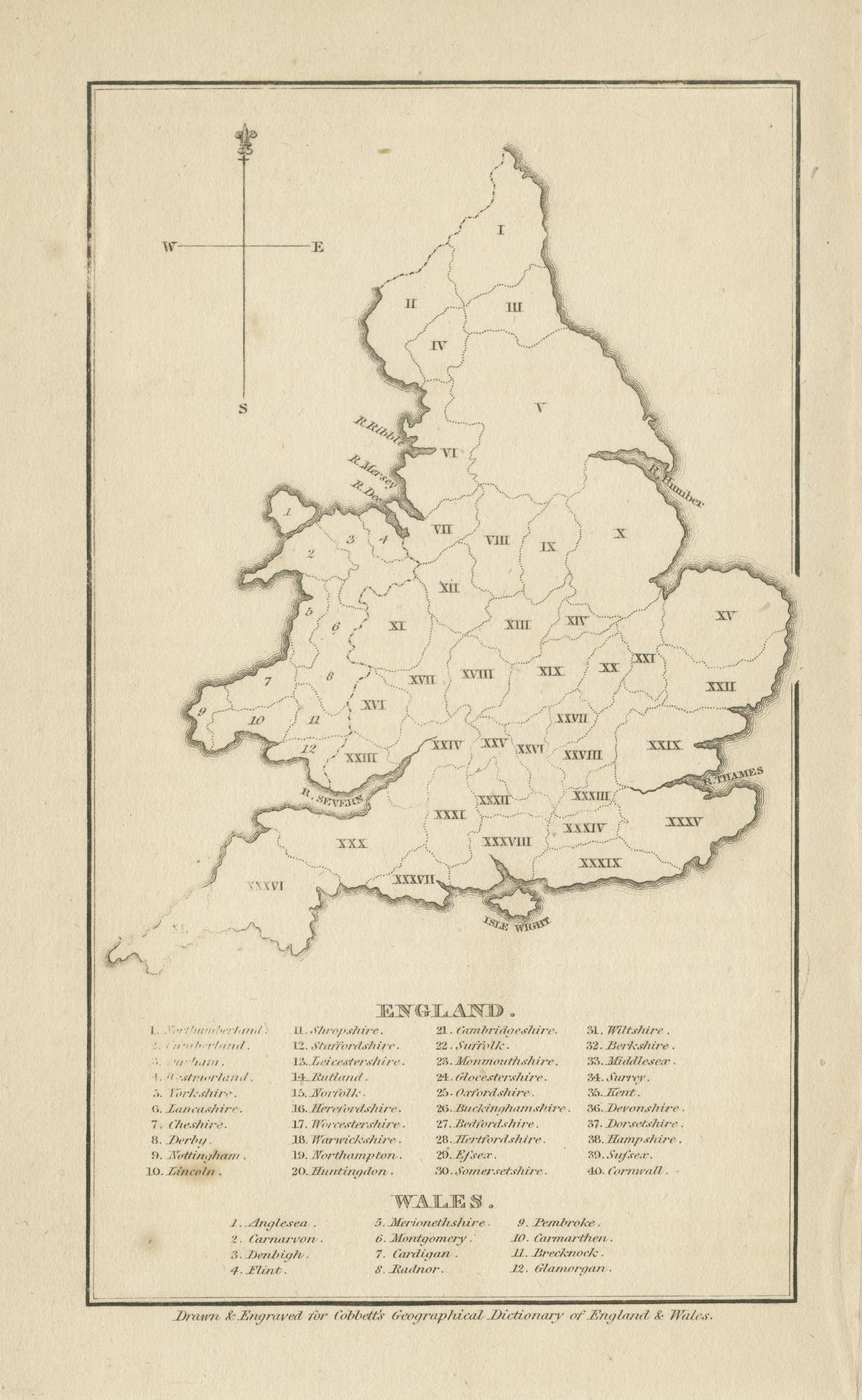 Antique Map of England and Wales with Roman Numerals
