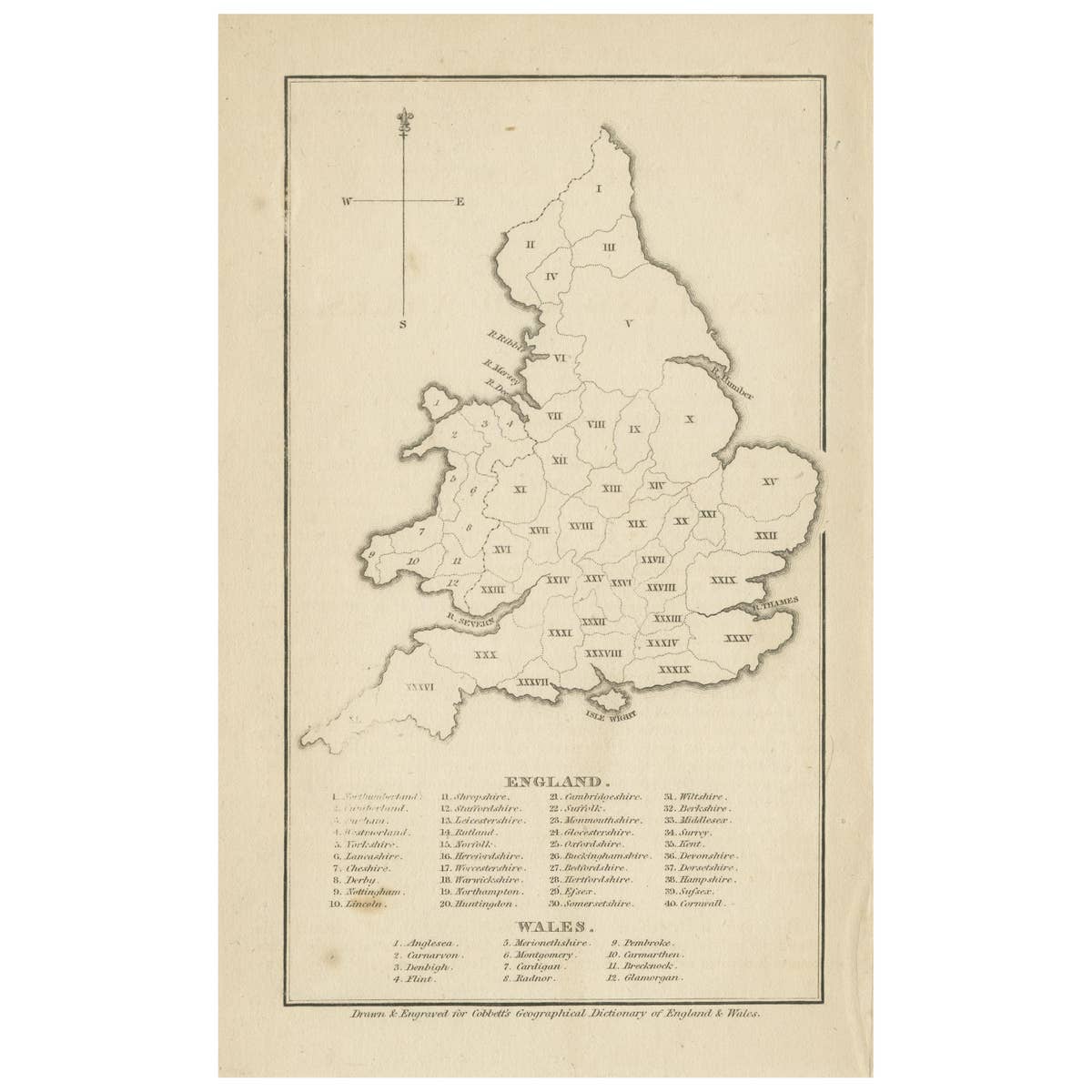 Antique Map of England and Wales with Roman Numerals