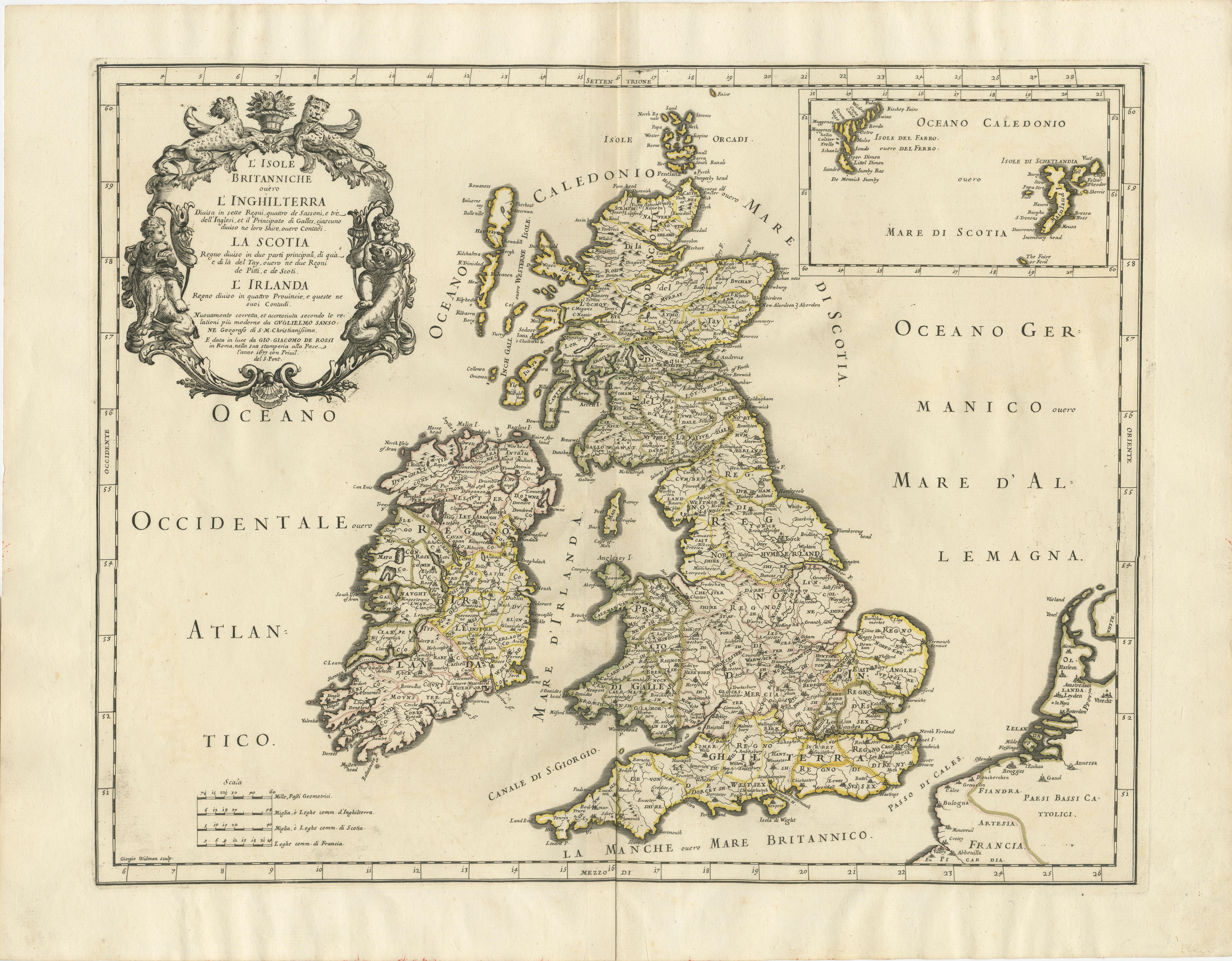 The antique map titled 'L'Isole Britanniche ouèro l'Inghilterra' is a stunning depiction of England, Scotland, and Ireland, complete with an inset showcasing the Shetland and Faroe Islands. Crafted by Giovanni Giacomo de Rossi and published in 1677,