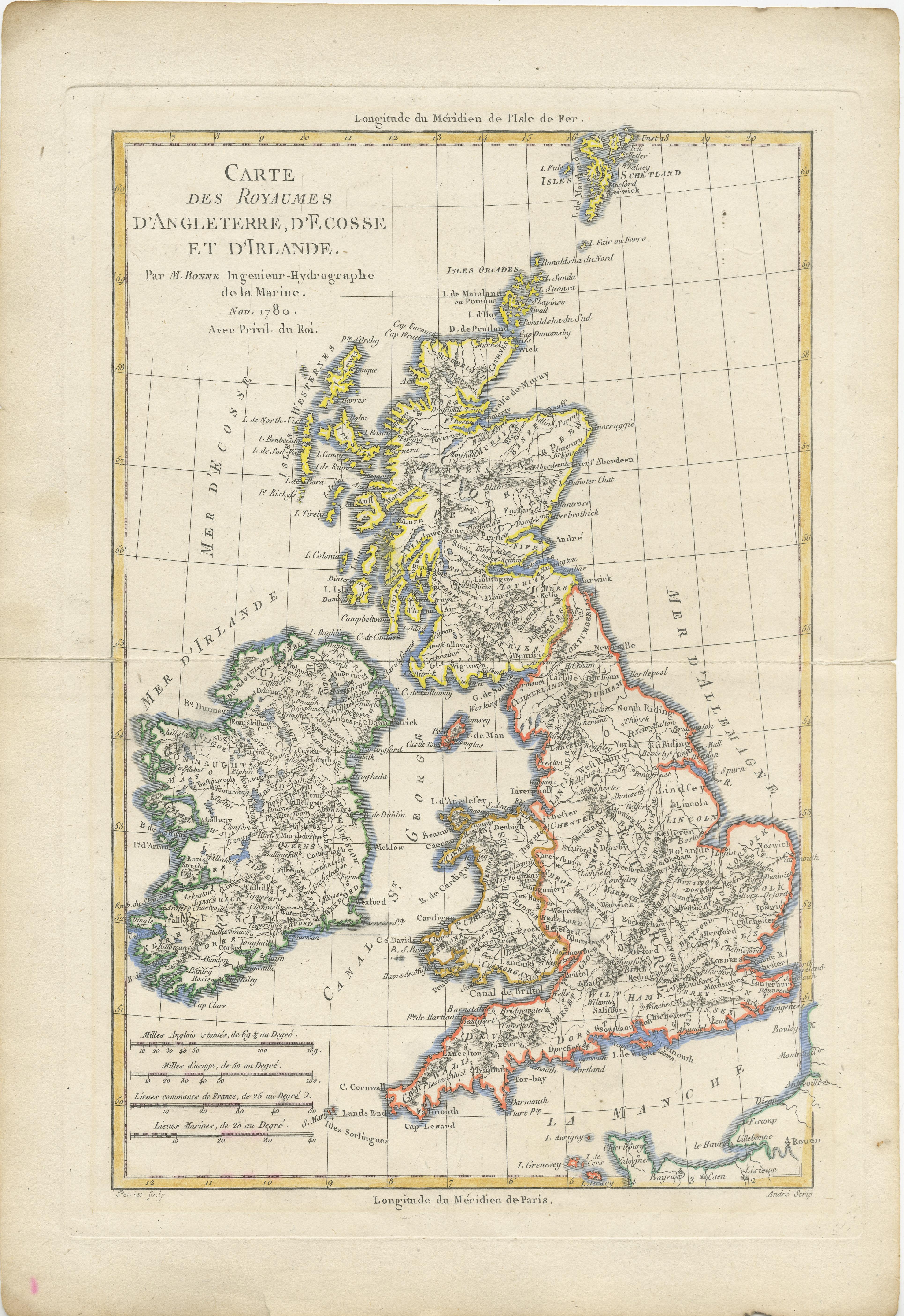 Antique map titled 'Carte des Royaumes d'Angleterre, d'Ecosse et d'Irlande'. Map of England, Scotland and Ireland. Published by R. Bonne, circa 1780.