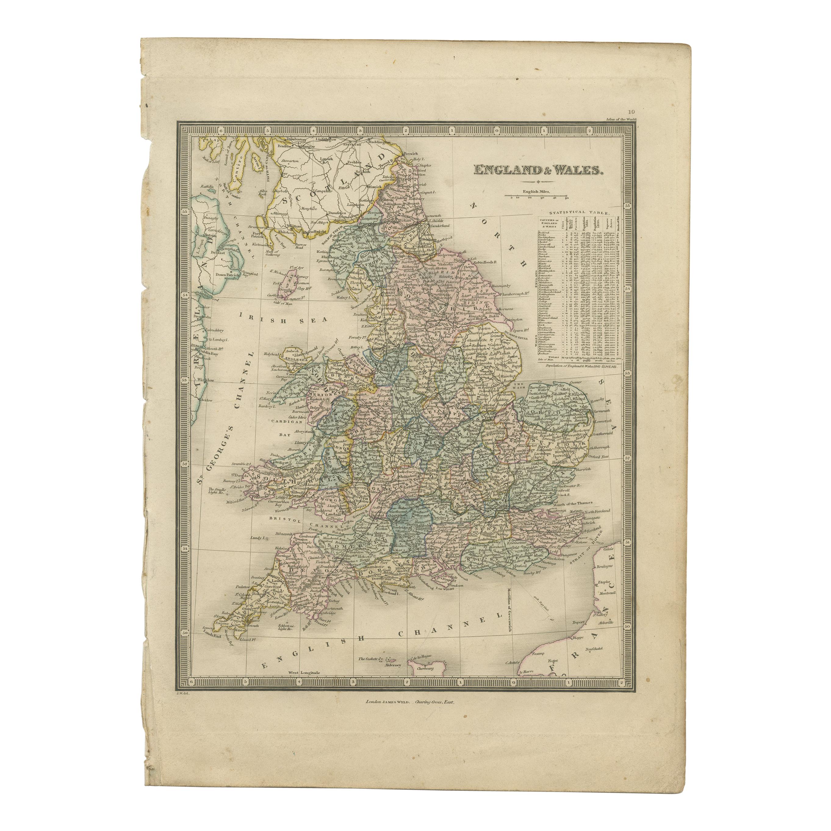 Carta geografica antica dell'Inghilterra e del Galles di Wyld del 1845