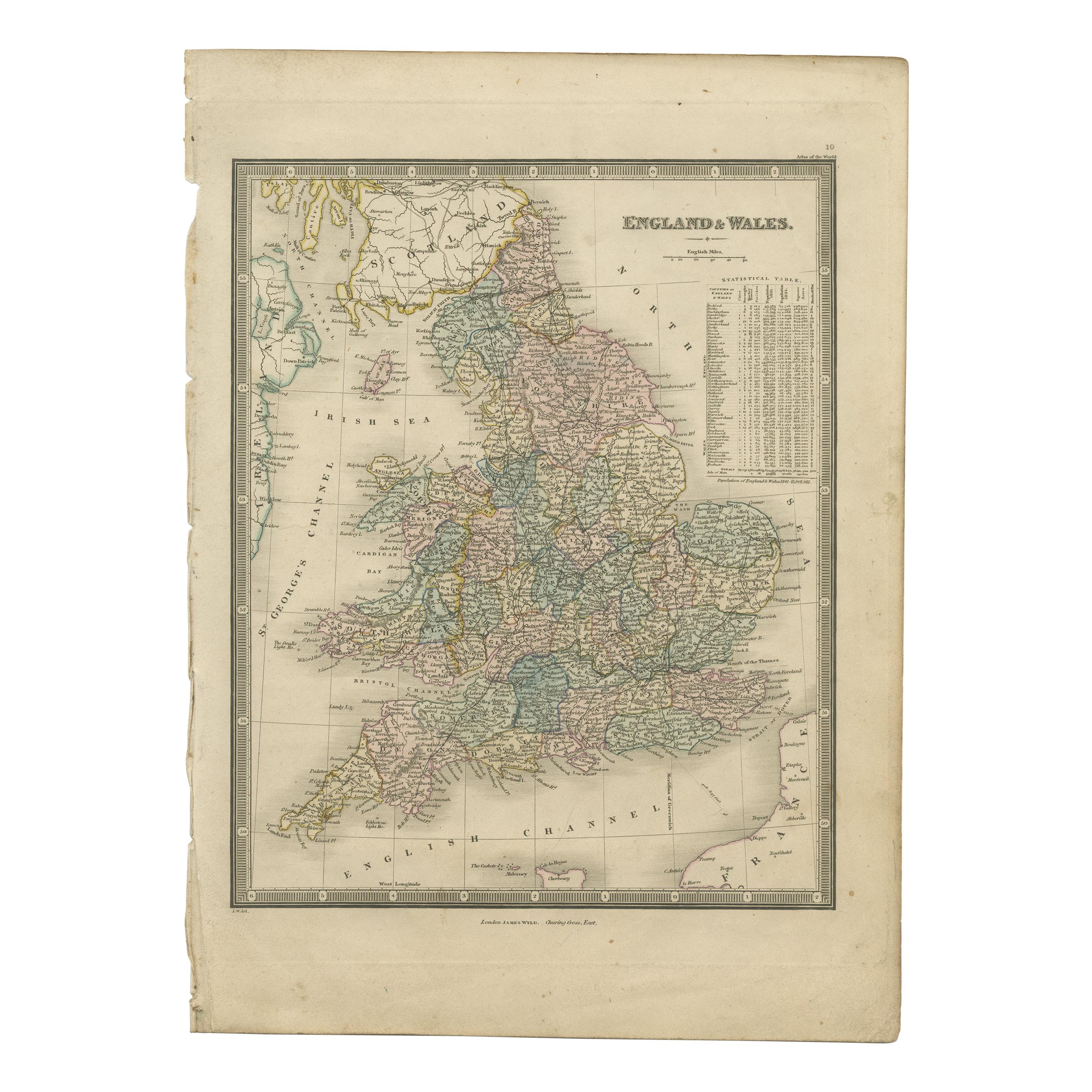 Carte ancienne d'Angleterre et de Galles par Wyld '1845' en vente