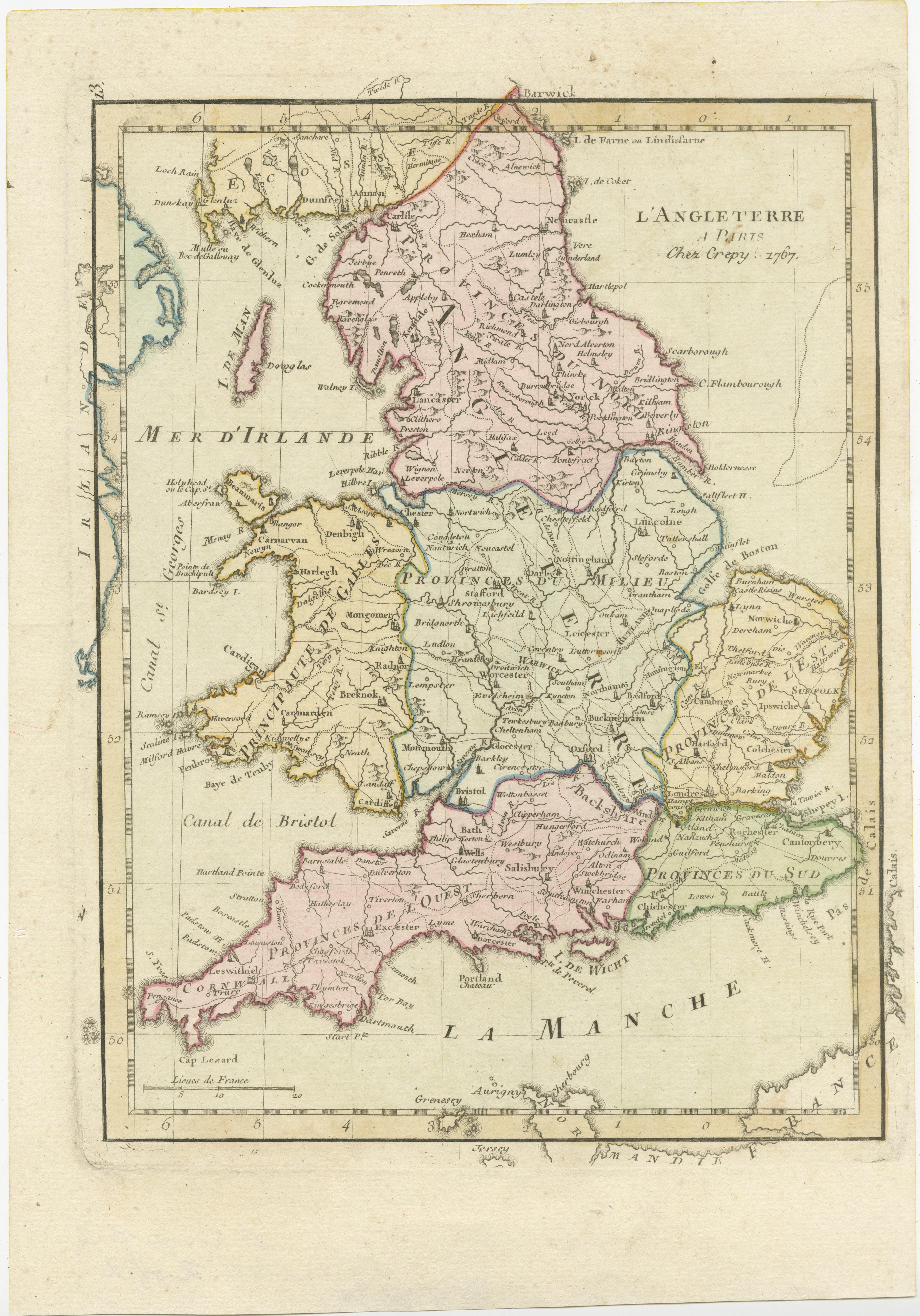 Antike Karte mit dem Titel 'l'Angleterre'. Original antike Karte von England, mit originaler/zeitgenössischer Handkolorierung. Herausgegeben von Crepy, ca. 1767/ 