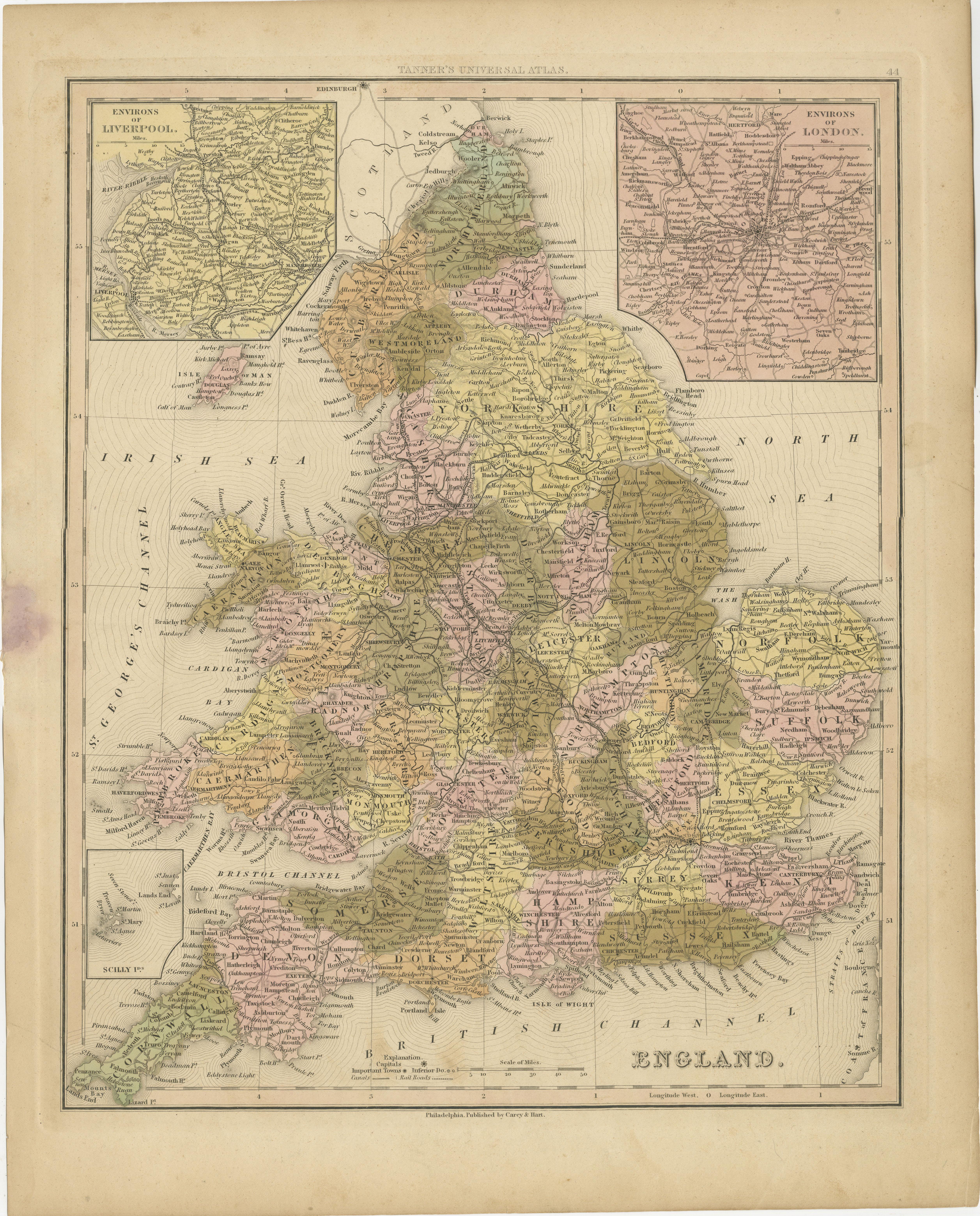 Antique map titled 'England'. Original antique map of England, with two inset maps of the region of Liverpool and London. This map originates from Tanner's 'Universal Atlas'. Published by Carey & Hart, 1842.